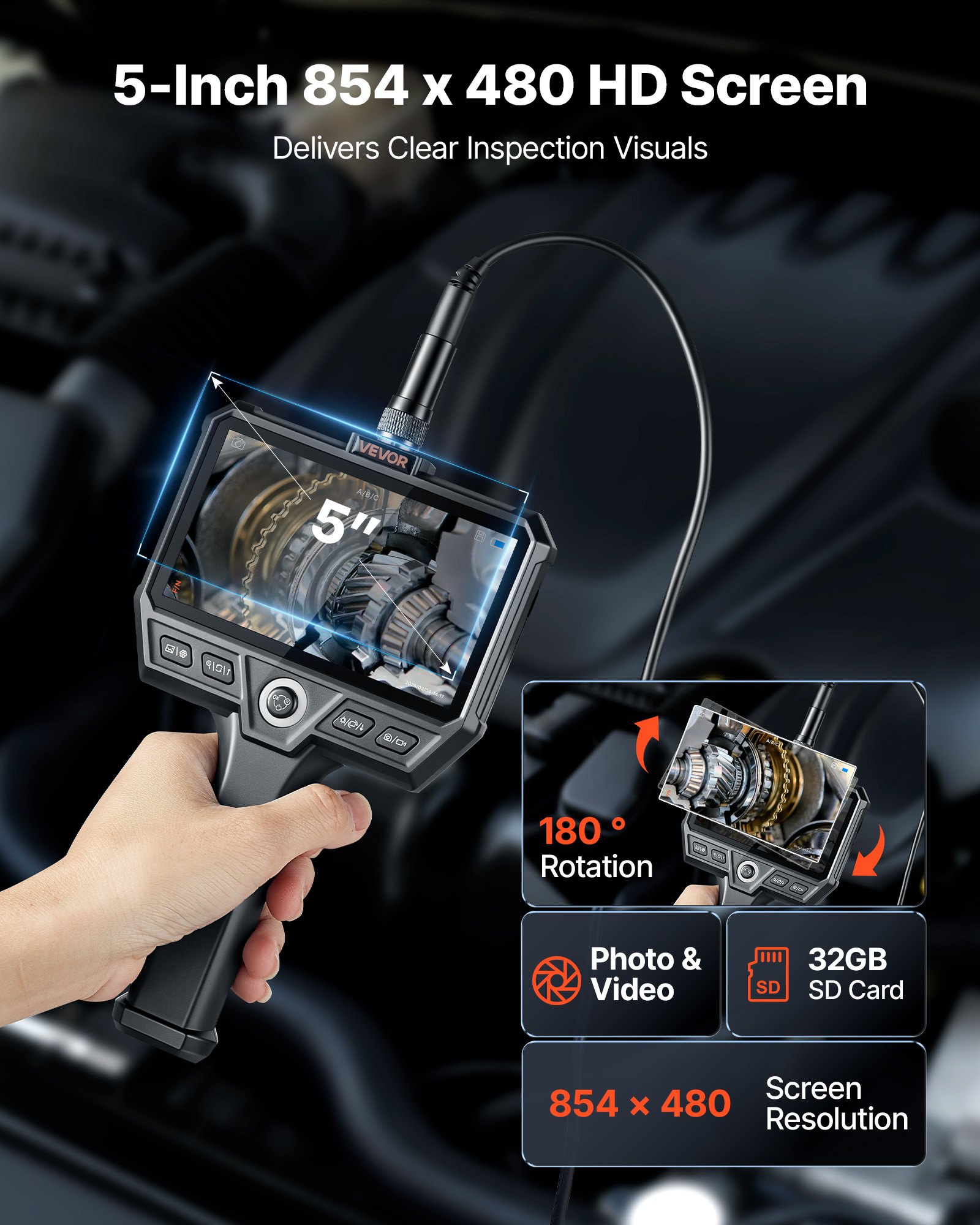 VEVOR Endoscopio de Triple Cámara, Cámara de Inspección con Pantalla IPS, Sonda de 8 mm, Cable Ultrarrígido de 10 m, 5000 mAh, Zoom 8X, Luces LED, 32 GB, para Automoción Fontanería Motor HVAC Tubería