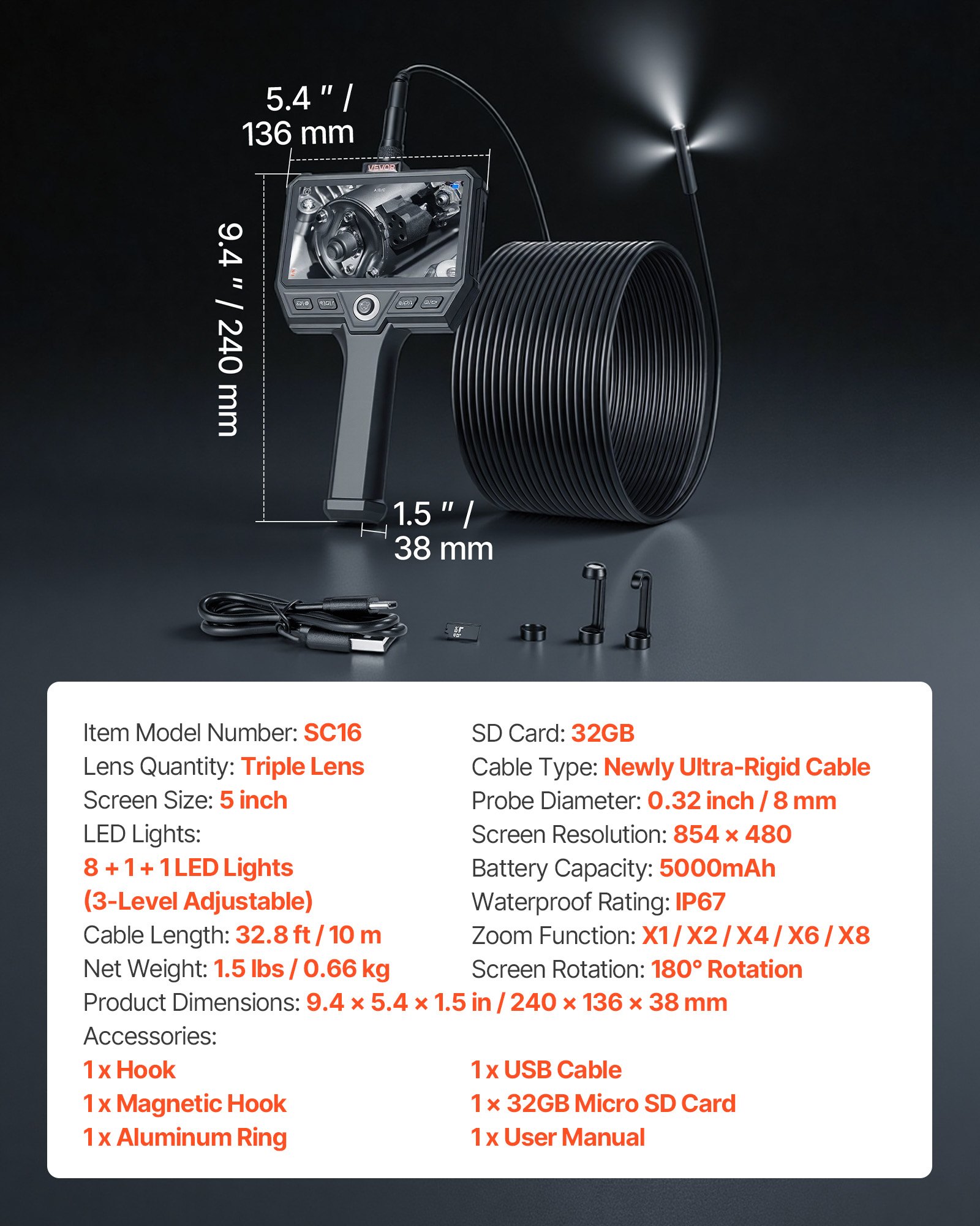 VEVOR Endoscopio de Triple Cámara, Cámara de Inspección con Pantalla IPS, Sonda de 8 mm, Cable Ultrarrígido de 10 m, 5000 mAh, Zoom 8X, Luces LED, 32 GB, para Automoción Fontanería Motor HVAC Tubería