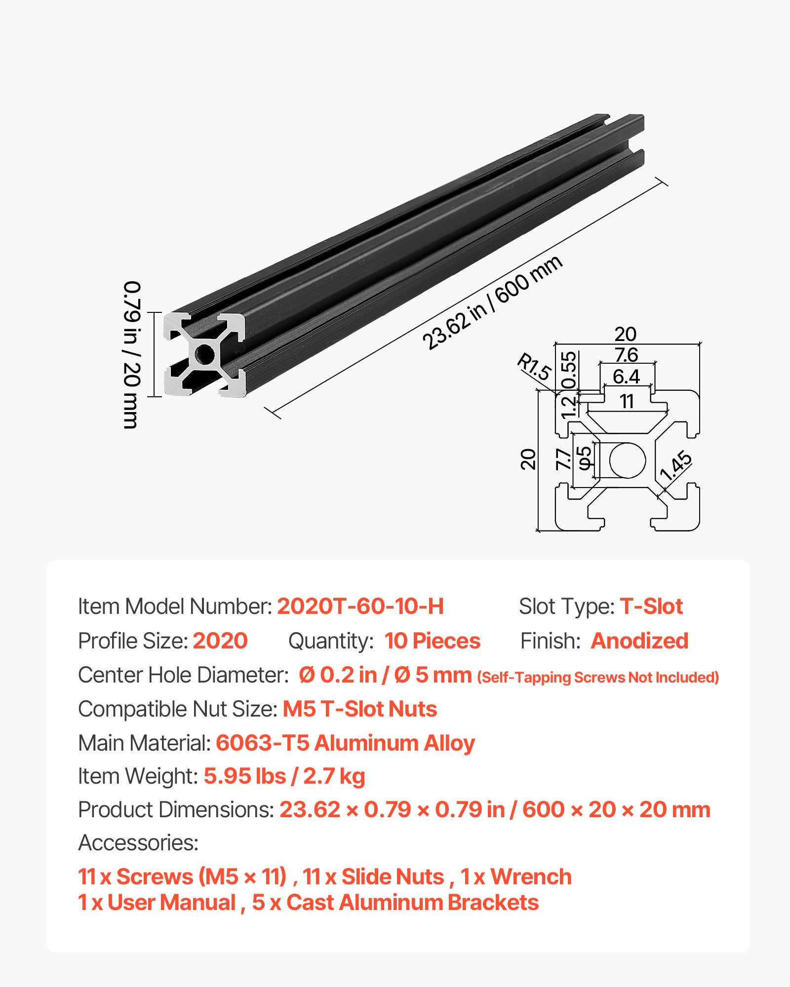 VEVOR Perfil de Extrusión de Aluminio 2020 Ranura en T Estándar Europeo, Carril Lineal de Extrusión 600 mm, Perfil de Aluminio para Marcos de Impresoras 3D, Bancos de Trabajo CNC, 10 Piezas, Negro