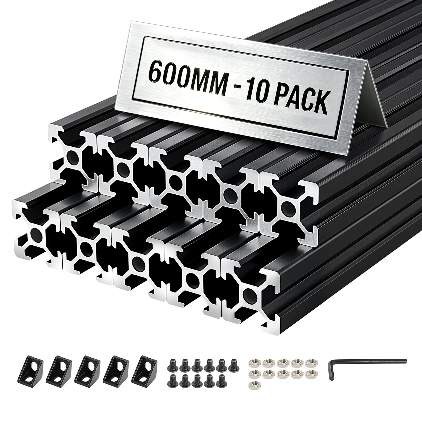 VEVOR Perfil de Extrusión de Aluminio 2020 Ranura en T Estándar Europeo, Carril Lineal de Extrusión 600 mm, Perfil de Aluminio para Marcos de Impresoras 3D, Bancos de Trabajo CNC, 10 Piezas, Negro