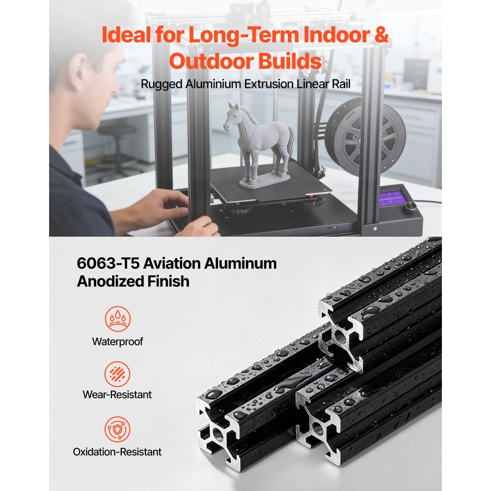 VEVOR Perfil de Extrusión de Aluminio 2020 Ranura en T Estándar Europeo, Carril Lineal de Extrusión 1220 mm, Perfil de Aluminio para Marcos de Impresoras 3D, Bancos de Trabajo CNC, 10 Piezas, Negro