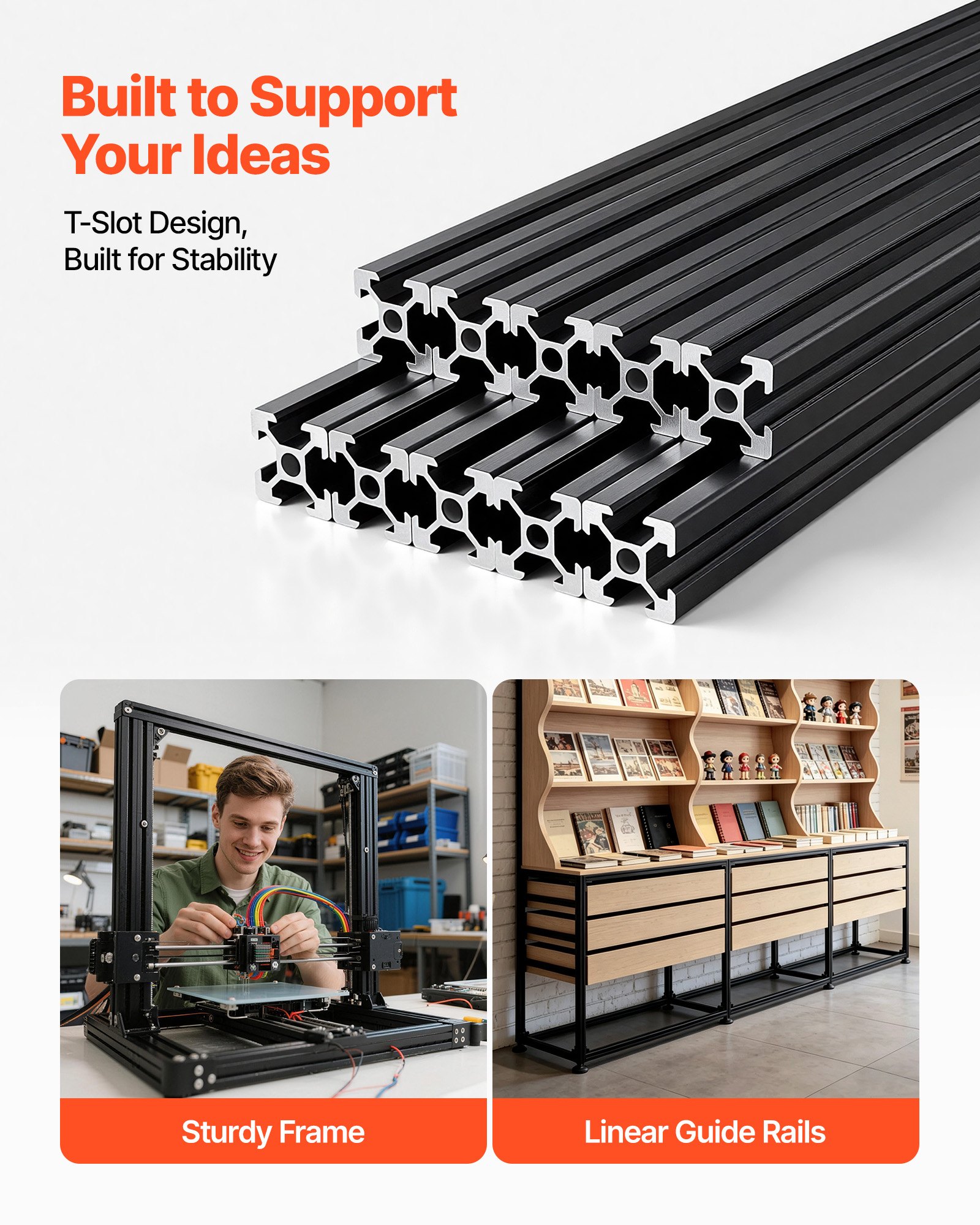 VEVOR Perfil de Extrusión de Aluminio 2020 Ranura en T Estándar Europeo, Carril Lineal de Extrusión 1220 mm, Perfil de Aluminio para Marcos de Impresoras 3D, Bancos de Trabajo CNC, 10 Piezas, Negro