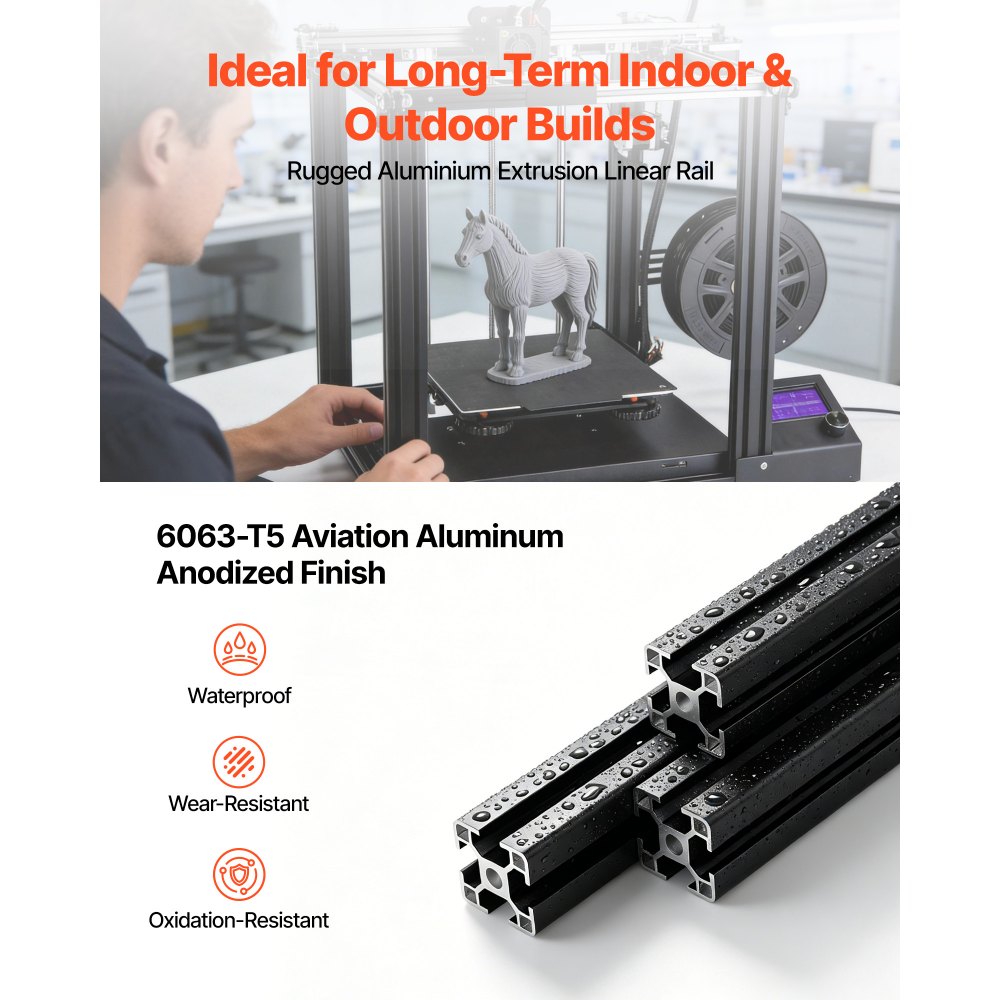 VEVOR Perfil de Extrusión de Aluminio 3030 Ranura en T Estándar Europeo, Carril Lineal de Extrusión 2000 mm, Perfil de Aluminio para Marcos de Impresoras 3D, Bancos de Trabajo CNC, 6 Piezas, Negro