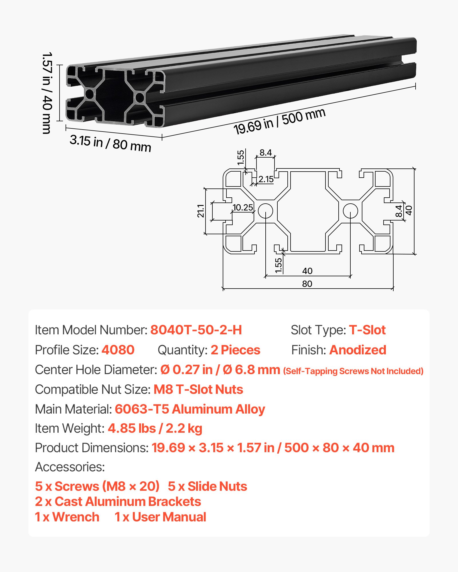 VEVOR Perfil de Extrusión de Aluminio 4080 Ranura en T Estándar Europeo, Carril Lineal de Extrusión 500 mm, Perfil de Aluminio para Marcos de Impresoras 3D, Bancos de Trabajo CNC, 2 Piezas, Negro