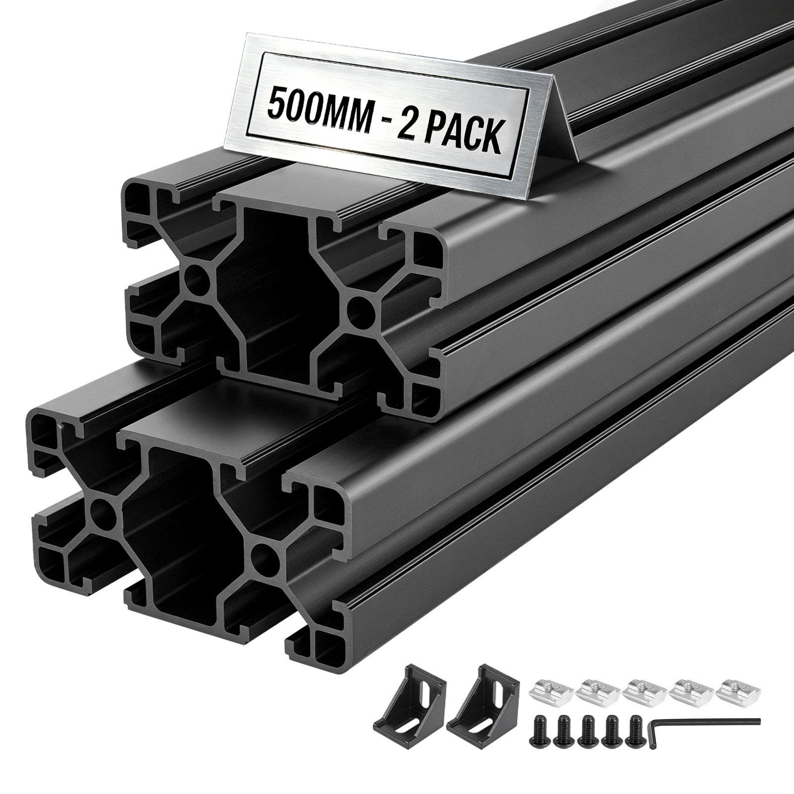 VEVOR Perfil de Extrusión de Aluminio 4080 Ranura en T Estándar Europeo, Carril Lineal de Extrusión 500 mm, Perfil de Aluminio para Marcos de Impresoras 3D, Bancos de Trabajo CNC, 2 Piezas, Negro