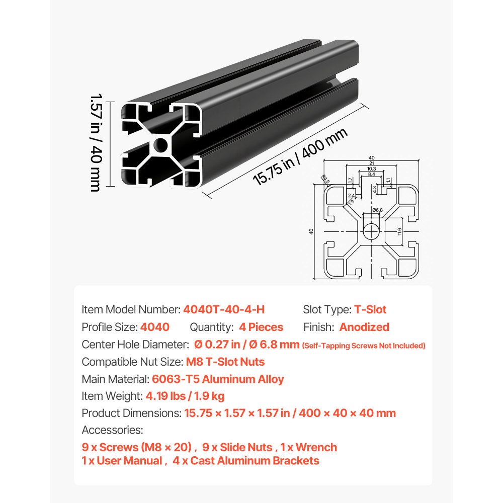 VEVOR Perfil de Extrusión de Aluminio 4040 Ranura en T Estándar Europeo, Carril Lineal de Extrusión 400 mm, Perfil de Aluminio para Marcos de Impresoras 3D, Bancos de Trabajo CNC, 4 Piezas, Negro