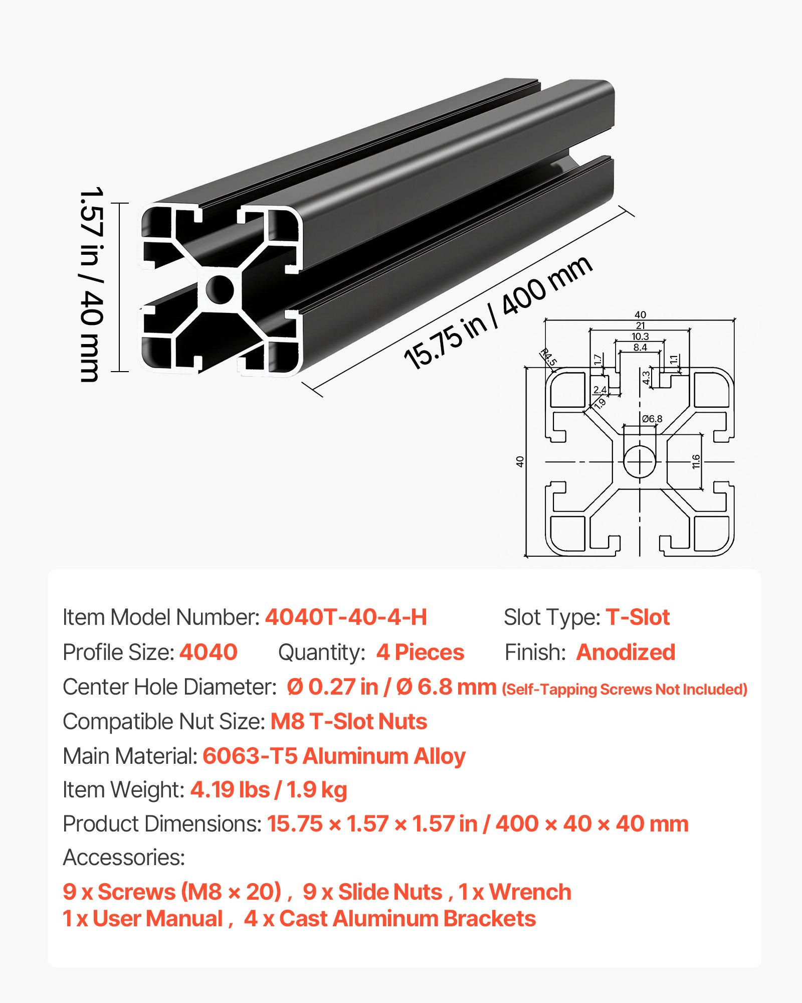 VEVOR Perfil de Extrusión de Aluminio 4040 Ranura en T Estándar Europeo, Carril Lineal de Extrusión 400 mm, Perfil de Aluminio para Marcos de Impresoras 3D, Bancos de Trabajo CNC, 4 Piezas, Negro