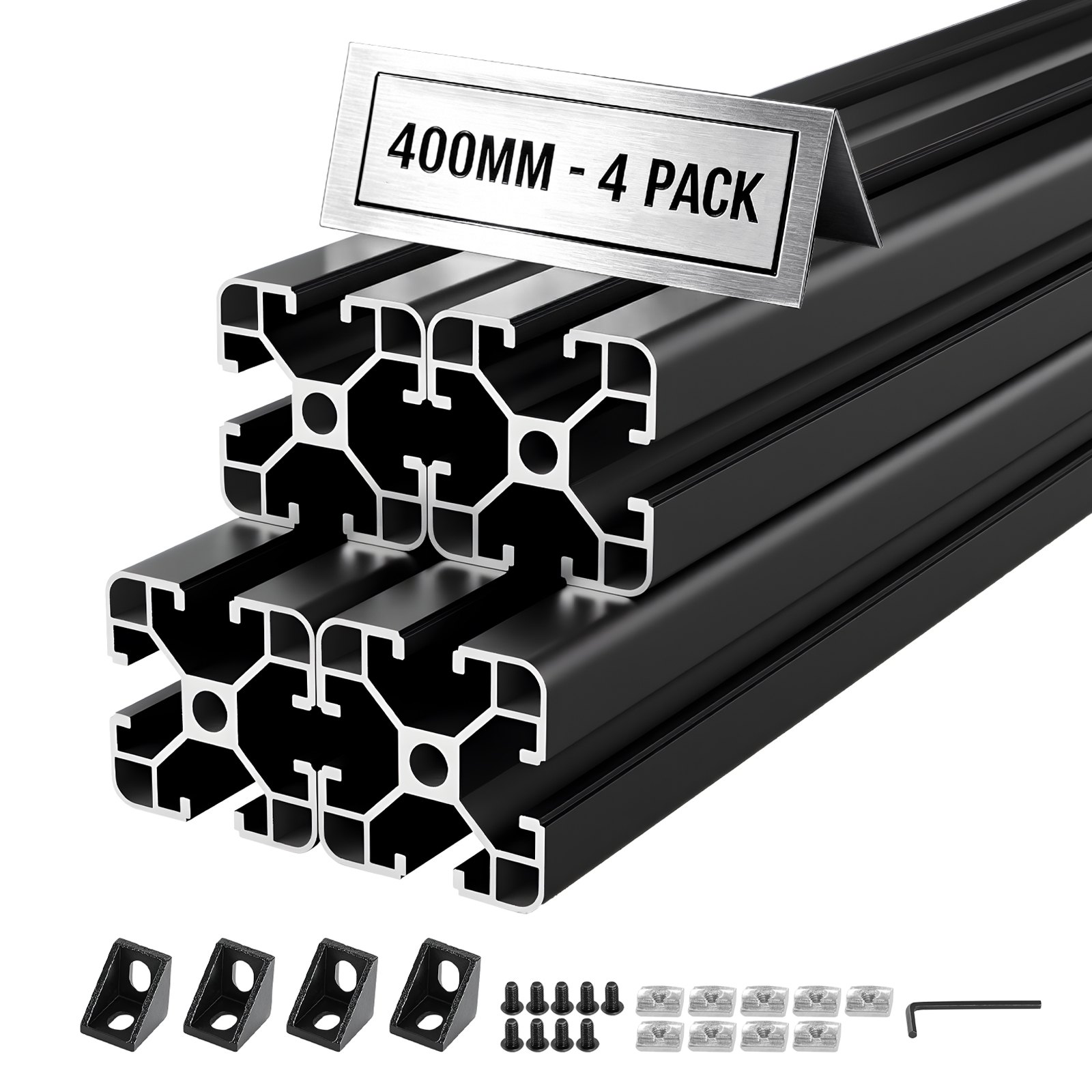 VEVOR Perfil de Extrusión de Aluminio 4040 Ranura en T Estándar Europeo, Carril Lineal de Extrusión 400 mm, Perfil de Aluminio para Marcos de Impresoras 3D, Bancos de Trabajo CNC, 4 Piezas, Negro
