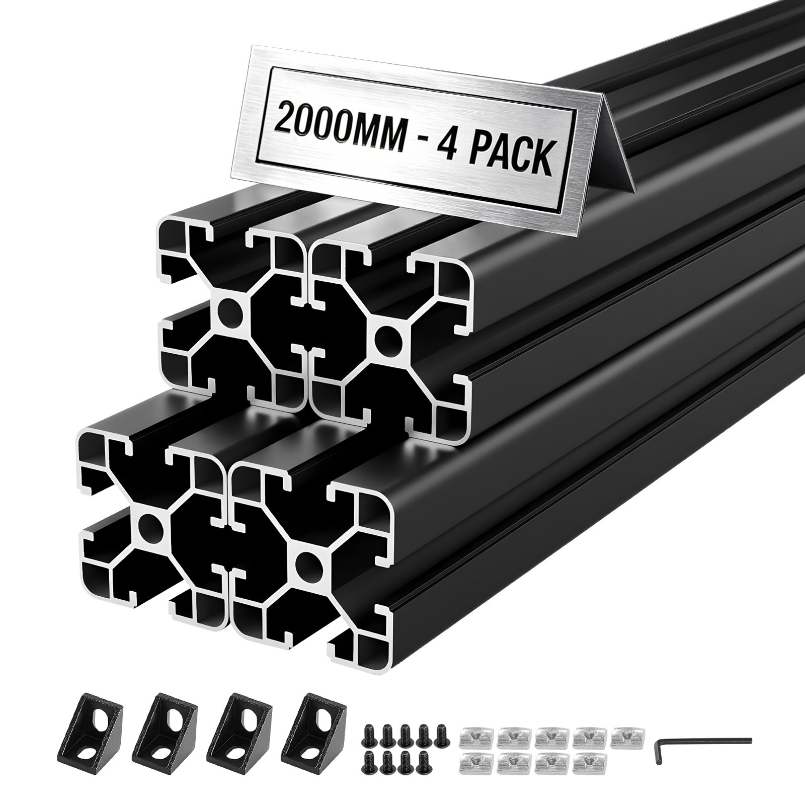 VEVOR Perfil de Extrusión de Aluminio 4040 Ranura en T Estándar Europeo, Carril Lineal de Extrusión 2000 mm, Perfil de Aluminio para Marcos de Impresoras 3D, Bancos de Trabajo CNC, 4 Piezas, Negro