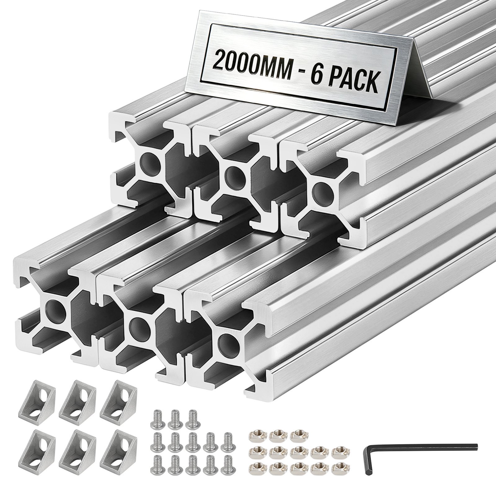 VEVOR Perfil de Extrusión de Aluminio 2020 Ranura en T Estándar Europeo, Carril Lineal de Extrusión 2000 mm, Perfil de Aluminio para Marcos de Impresoras 3D, Bancos de Trabajo CNC, 6 Piezas, Plata
