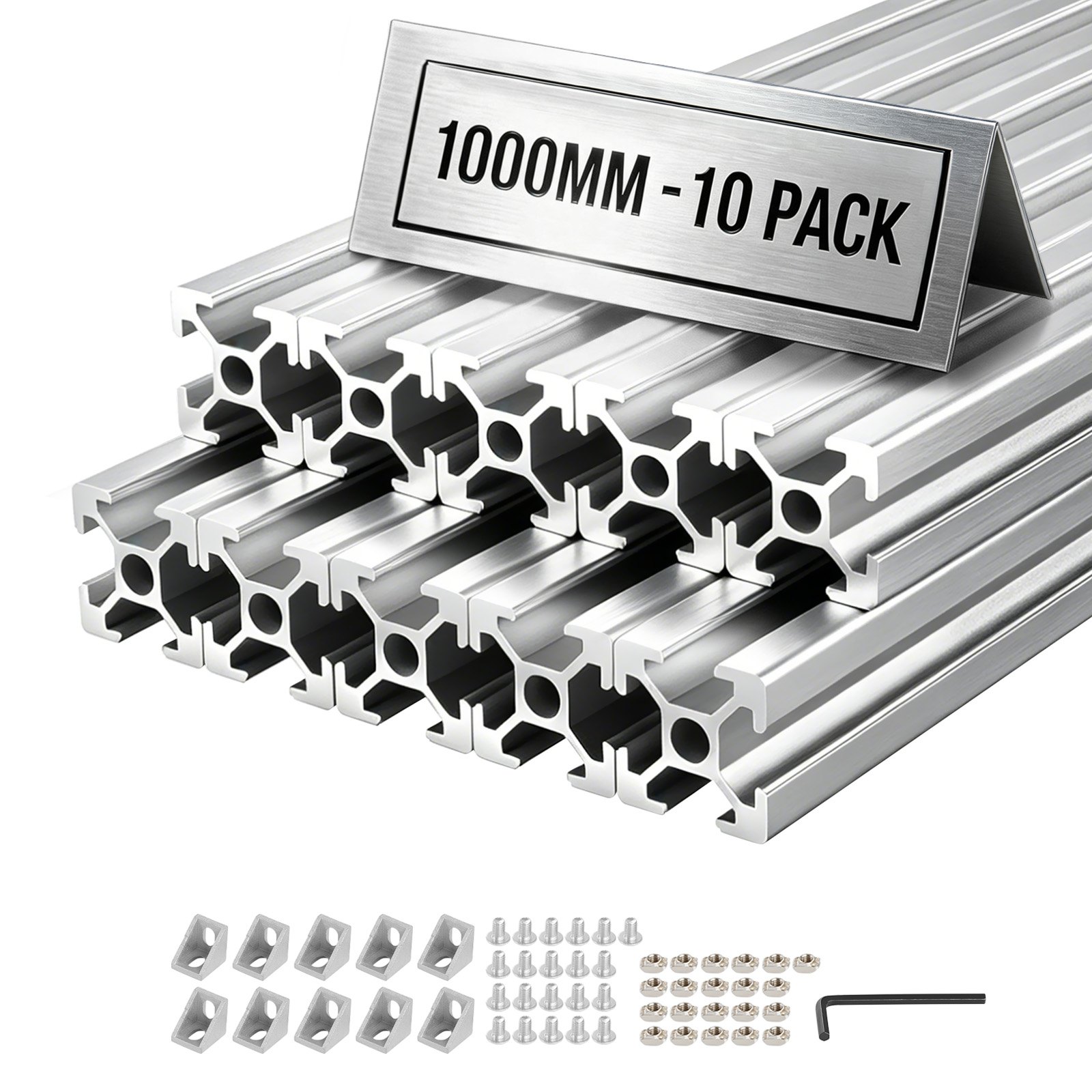 VEVOR Perfil de Extrusión de Aluminio 2020 Ranura en T Estándar Europeo, Carril Lineal de Extrusión 1000 mm, Perfil de Aluminio para Marcos de Impresoras 3D, Bancos de Trabajo CNC, 10 Piezas, Plata