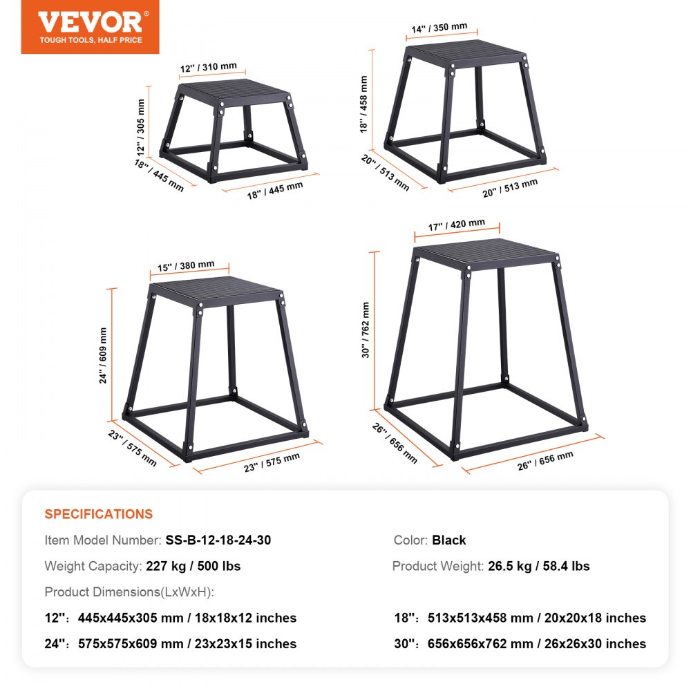 VEVOR Caja Pliométrica 4 PCS 305/458/609/762 mm Plataforma Pliométrica Carga 227 kg Caja de Salto Culturismo Fitness Crossfit para Entrenamiento Pliométrico Flexiones Sentadillas Gimnasio Hogar, Negro