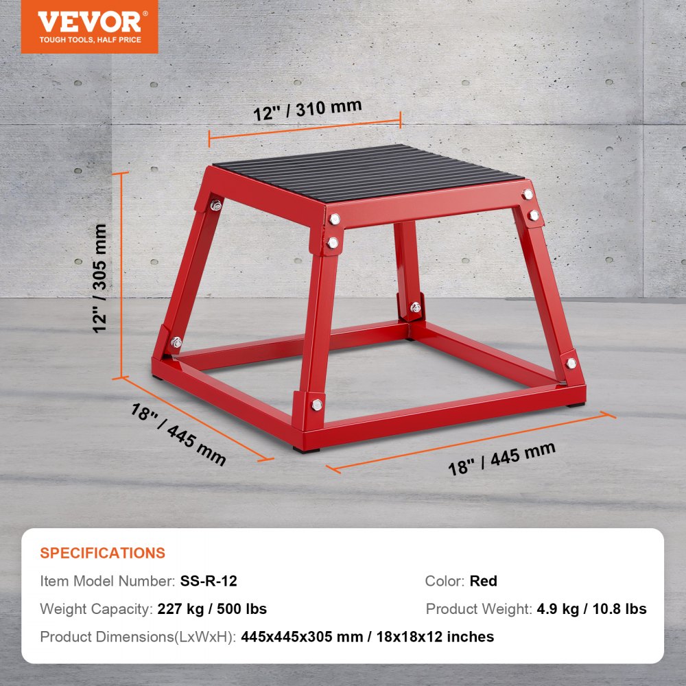 VEVOR Plyometric Jump Box, 305 mm Plyo Box, Plyometric Platform Plyo Box Red, Non-Slip Fitness Exercise Step-Up Box for Home Training, Conditioning Strength Training, Glutes, Thighs Training