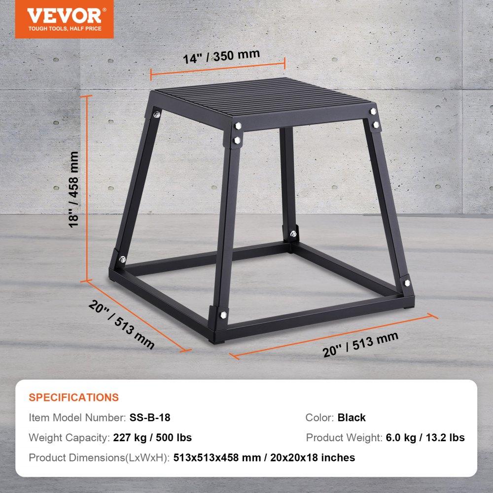 VEVOR Caja Pliométrica 458 mm Plataforma Pliométrica antideslizante Carga 227 kg Caja de Salto Culturismo Fitness Crossfit para Entrenamiento Pliométrico Flexiones Sentadillas Gimnasio Hogar, Negro