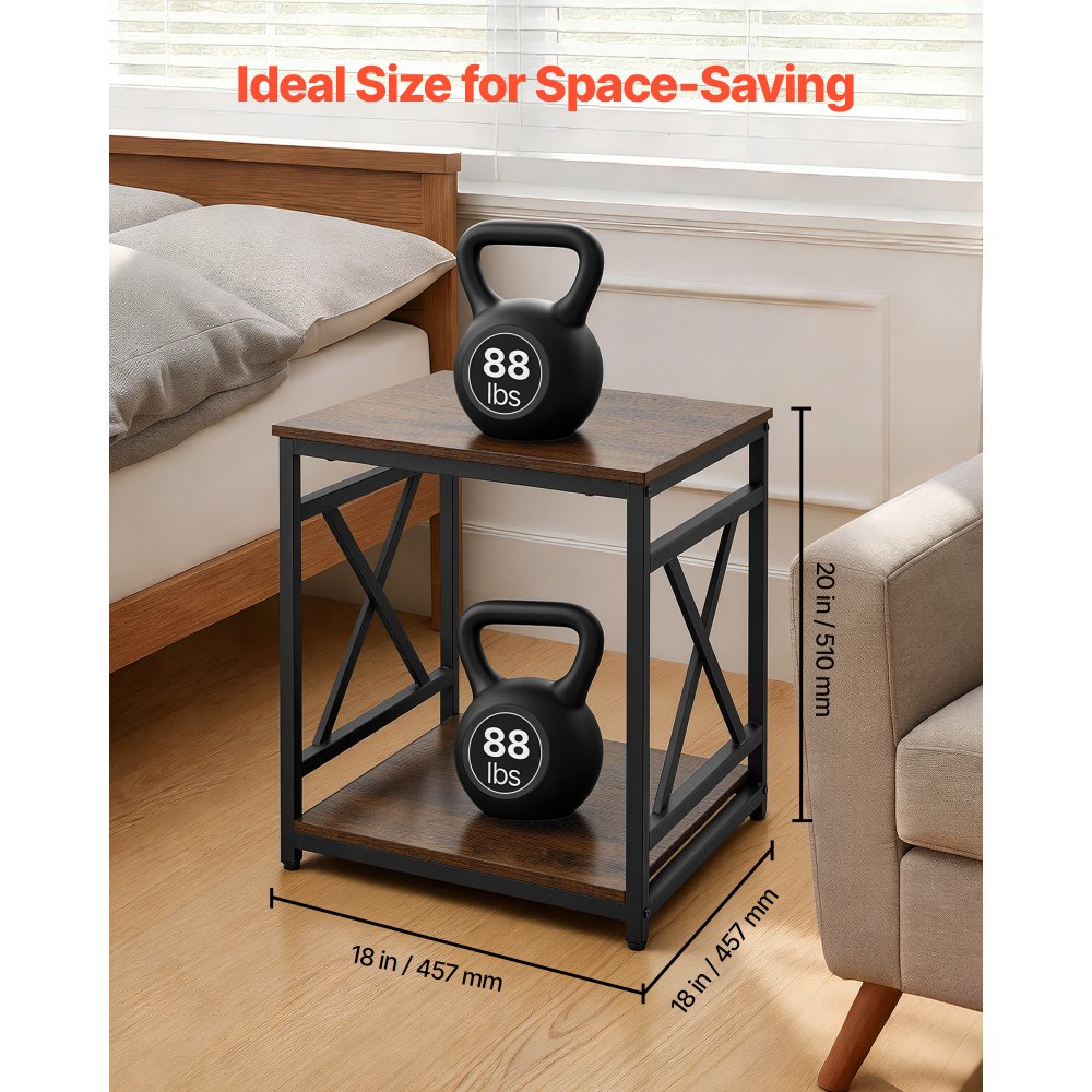 VEVOR Mesa Auxiliar Cuadrada 2 Niveles con Estantes Abiertos, Mesita de Noche con Marco de Metal en Forma de X, Escritorio de Centro 45,7x45,7x51 cm, para Sala de Estar, Dormitorio, Oficina, Marrón