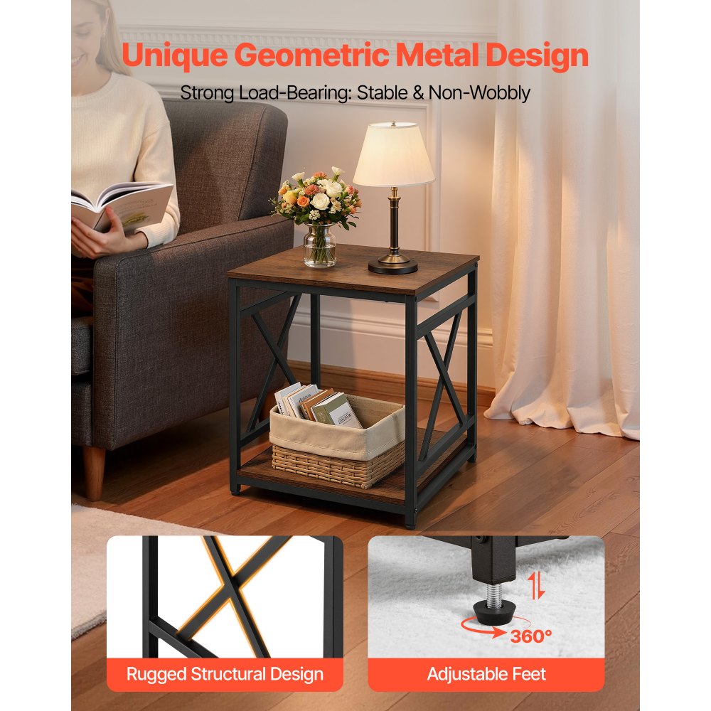 VEVOR Mesa Auxiliar Cuadrada 2 Niveles con Estantes Abiertos, Mesita de Noche con Marco de Metal en Forma de X, Escritorio de Centro 45,7x45,7x51 cm, para Sala de Estar, Dormitorio, Oficina, Marrón