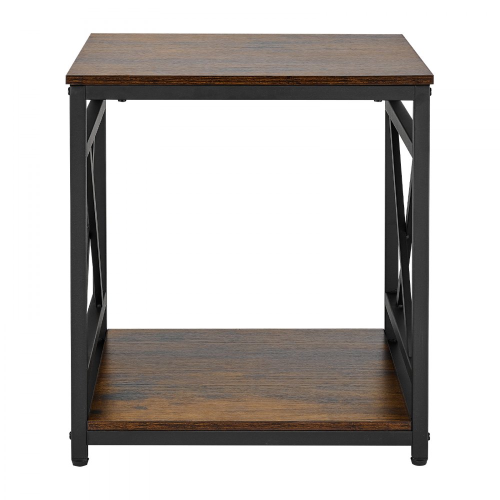 VEVOR Mesa Auxiliar Cuadrada 2 Niveles con Estantes Abiertos, Mesita de Noche con Marco de Metal en Forma de X, Escritorio de Centro 45,7x45,7x51 cm, para Sala de Estar, Dormitorio, Oficina, Marrón