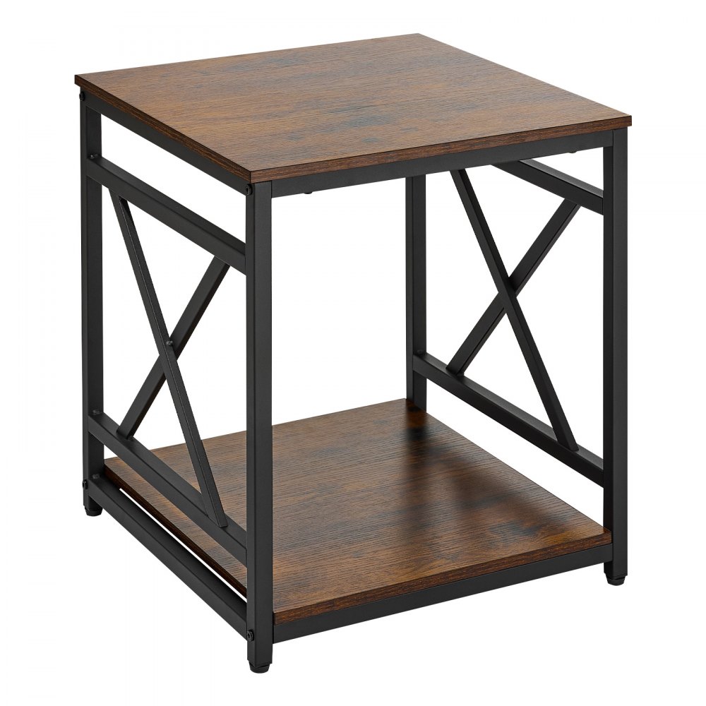 VEVOR Mesa Auxiliar Cuadrada 2 Niveles con Estantes Abiertos, Mesita de Noche con Marco de Metal en Forma de X, Escritorio de Centro 45,7x45,7x51 cm, para Sala de Estar, Dormitorio, Oficina, Marrón