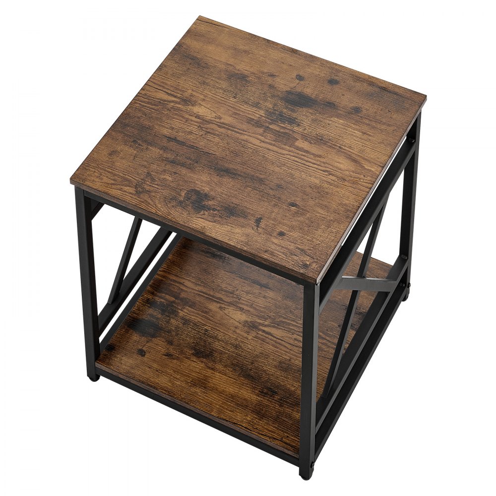 VEVOR Mesa Auxiliar Cuadrada 2 Niveles con Estantes Abiertos, Mesita de Noche con Marco de Metal en Forma de X, Escritorio de Centro 45,7x45,7x51 cm, para Sala de Estar, Dormitorio, Oficina, Marrón
