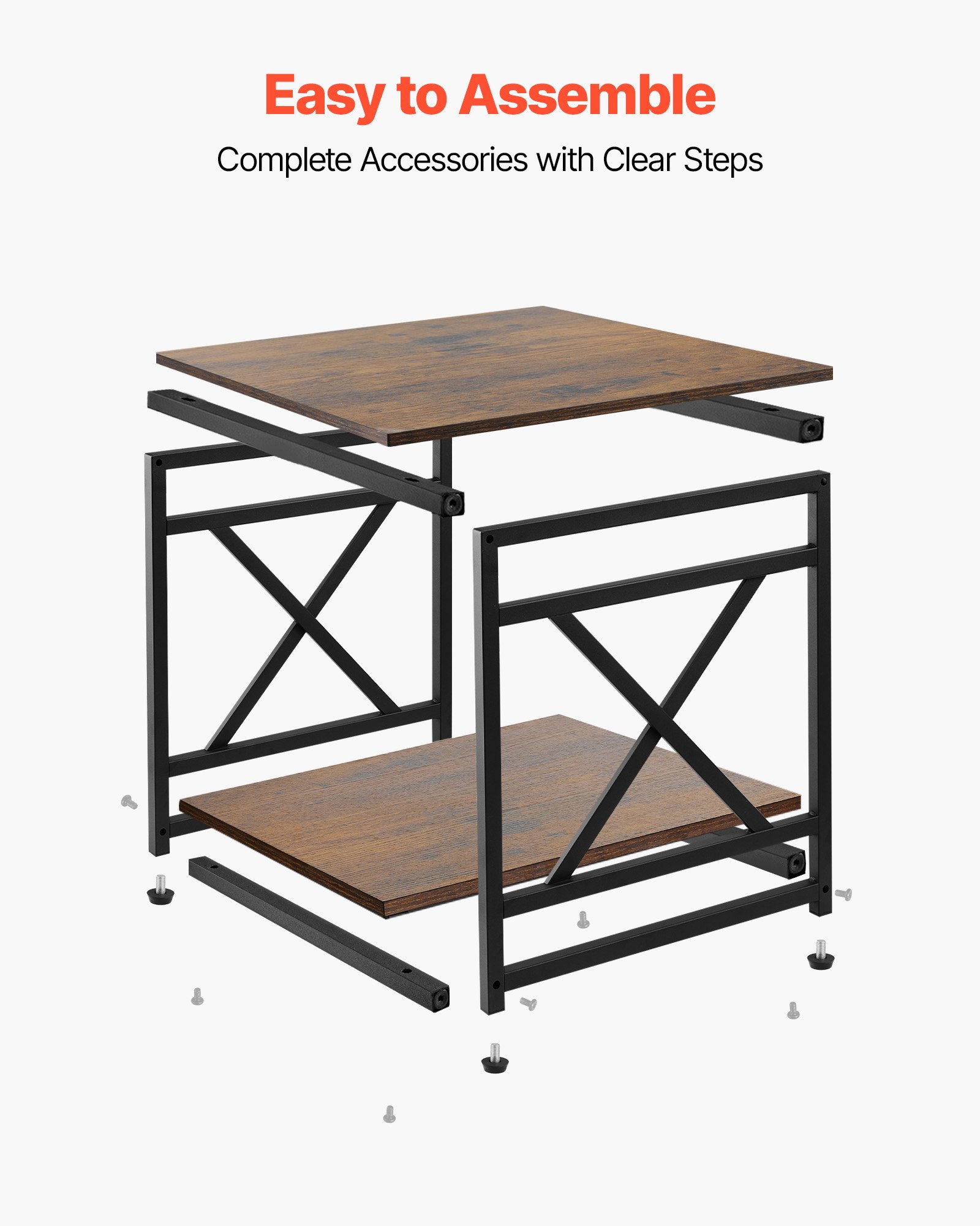 VEVOR Mesa Auxiliar Cuadrada 2 Niveles con Estantes Abiertos, Mesita de Noche con Marco de Metal en Forma de X, Escritorio de Centro 45,7x45,7x51 cm, para Sala de Estar, Dormitorio, Oficina, Marrón