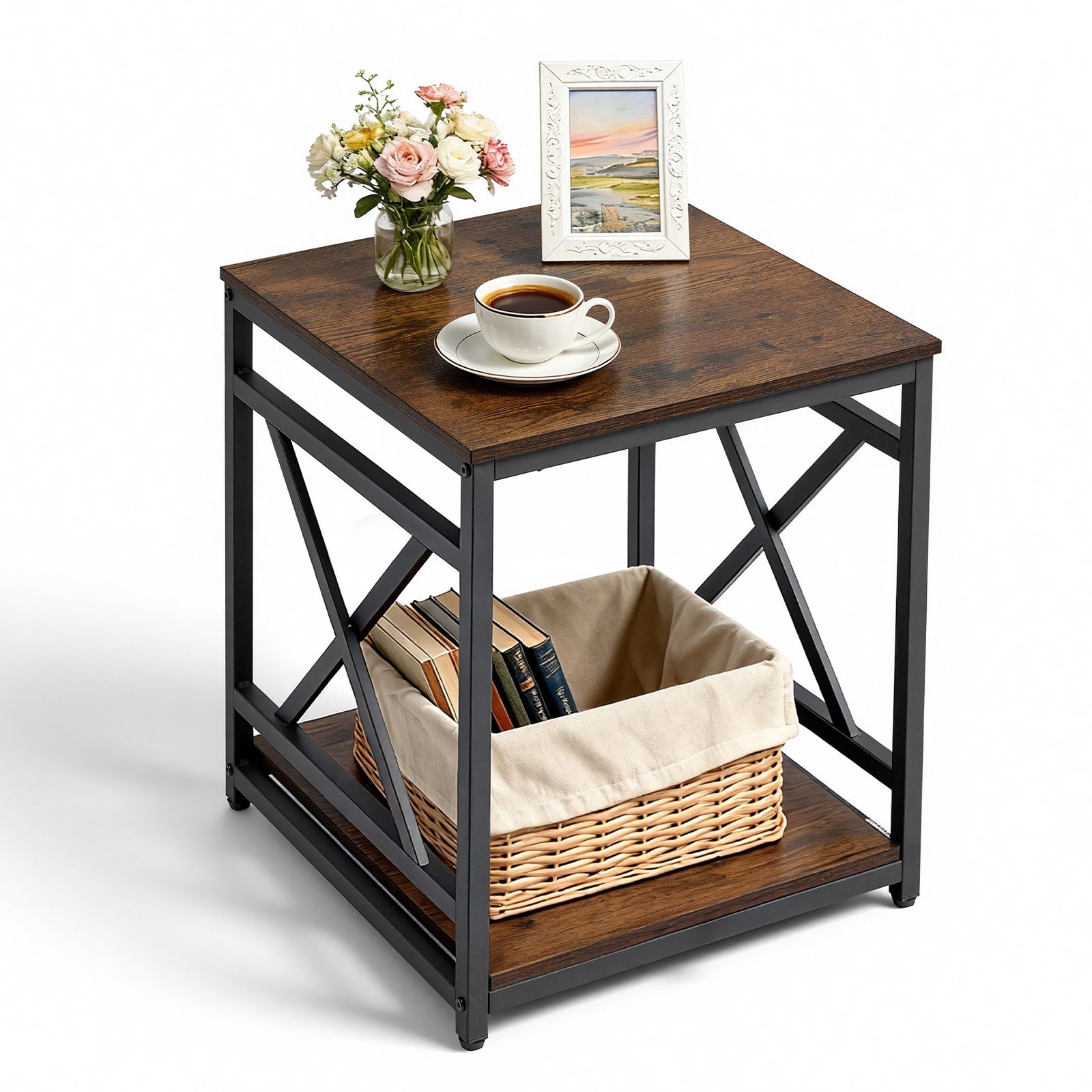 VEVOR Mesa Auxiliar Cuadrada 2 Niveles con Estantes Abiertos, Mesita de Noche con Marco de Metal en Forma de X, Escritorio de Centro 45,7x45,7x51 cm, para Sala de Estar, Dormitorio, Oficina, Marrón