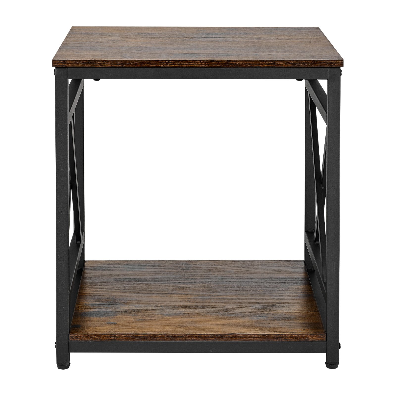 VEVOR Mesa Auxiliar Cuadrada 2 Niveles con Estantes Abiertos, Mesita de Noche con Marco de Metal en Forma de X, Escritorio de Centro 45,7x45,7x51 cm, para Sala de Estar, Dormitorio, Oficina, Marrón