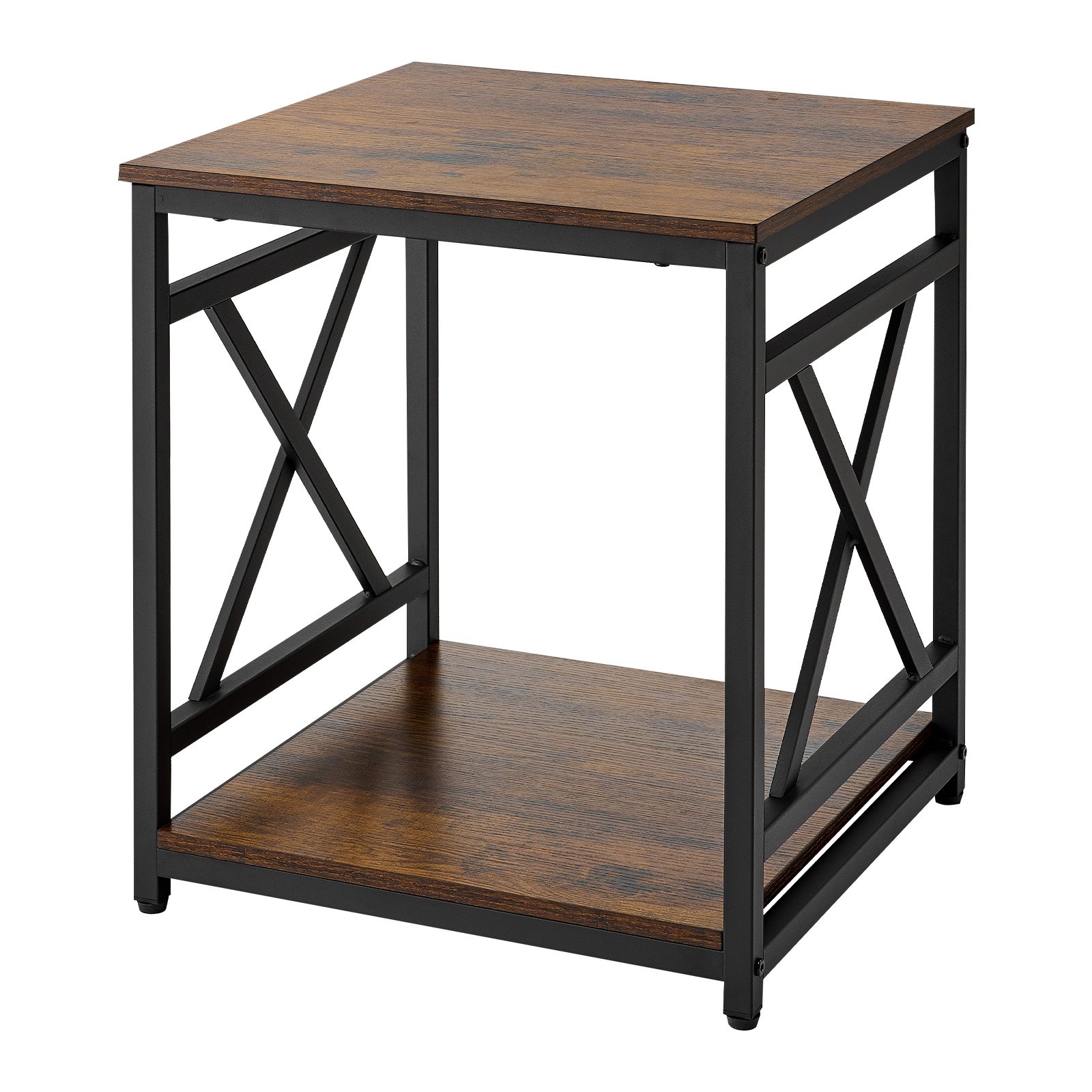 VEVOR Mesa Auxiliar Cuadrada 2 Niveles con Estantes Abiertos, Mesita de Noche con Marco de Metal en Forma de X, Escritorio de Centro 45,7x45,7x51 cm, para Sala de Estar, Dormitorio, Oficina, Marrón