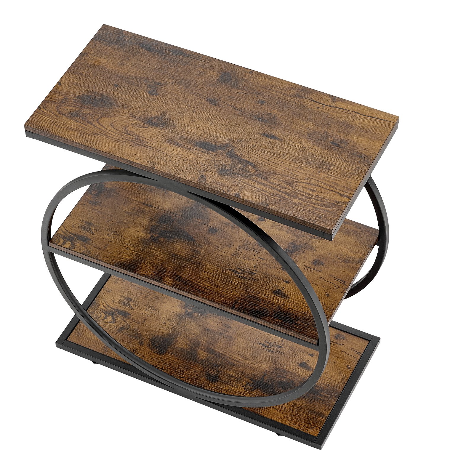 VEVOR Mesa Auxiliar Estrecha 3 Niveles con Estantes Abiertos, Mesita de Noche con Marco de Metal Redondo, Escritorio de Centro 60 x 30 x 65 cm, para Sala de Estar, Dormitorio, Oficina, Marrón