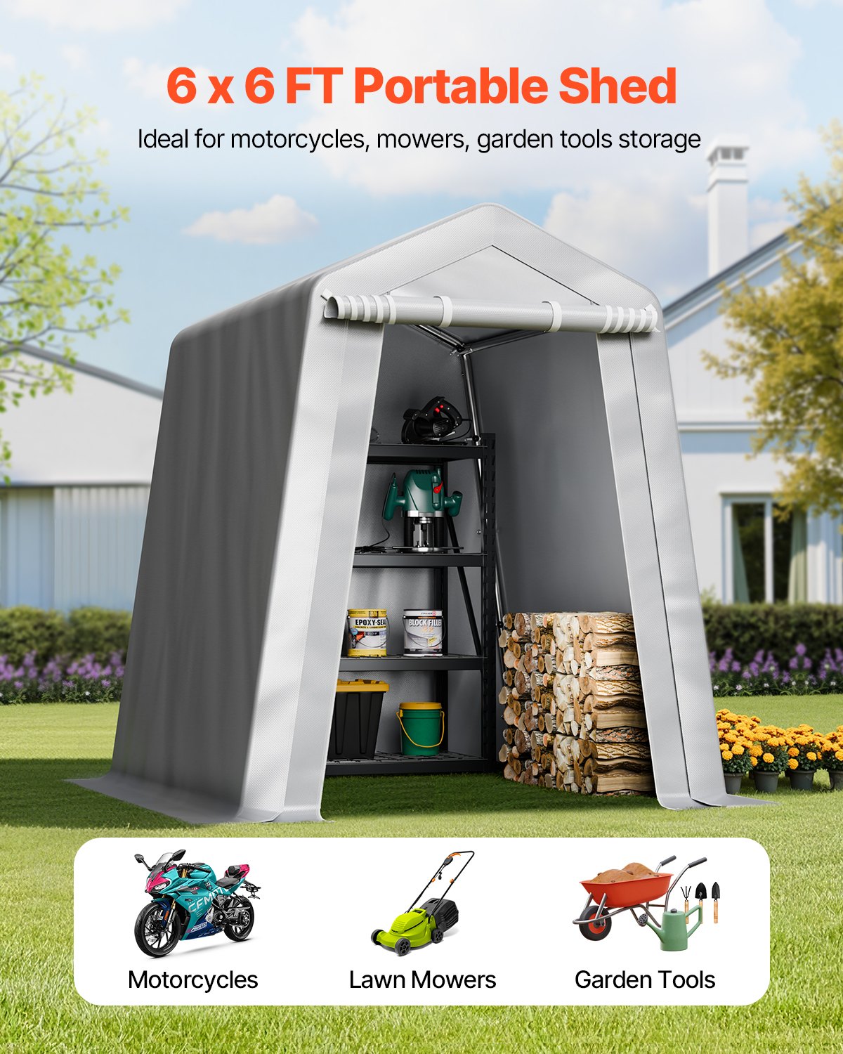 VEVOR Garden Shed, 183x183x213 cm, Garage Tent made of PE Material, Tool Shed, Bicycle Garage, Garden Shed, Carport, Bicycle Shed, Storage Garage for Motorcycle, Lawn Mower, Bicycle, Gray