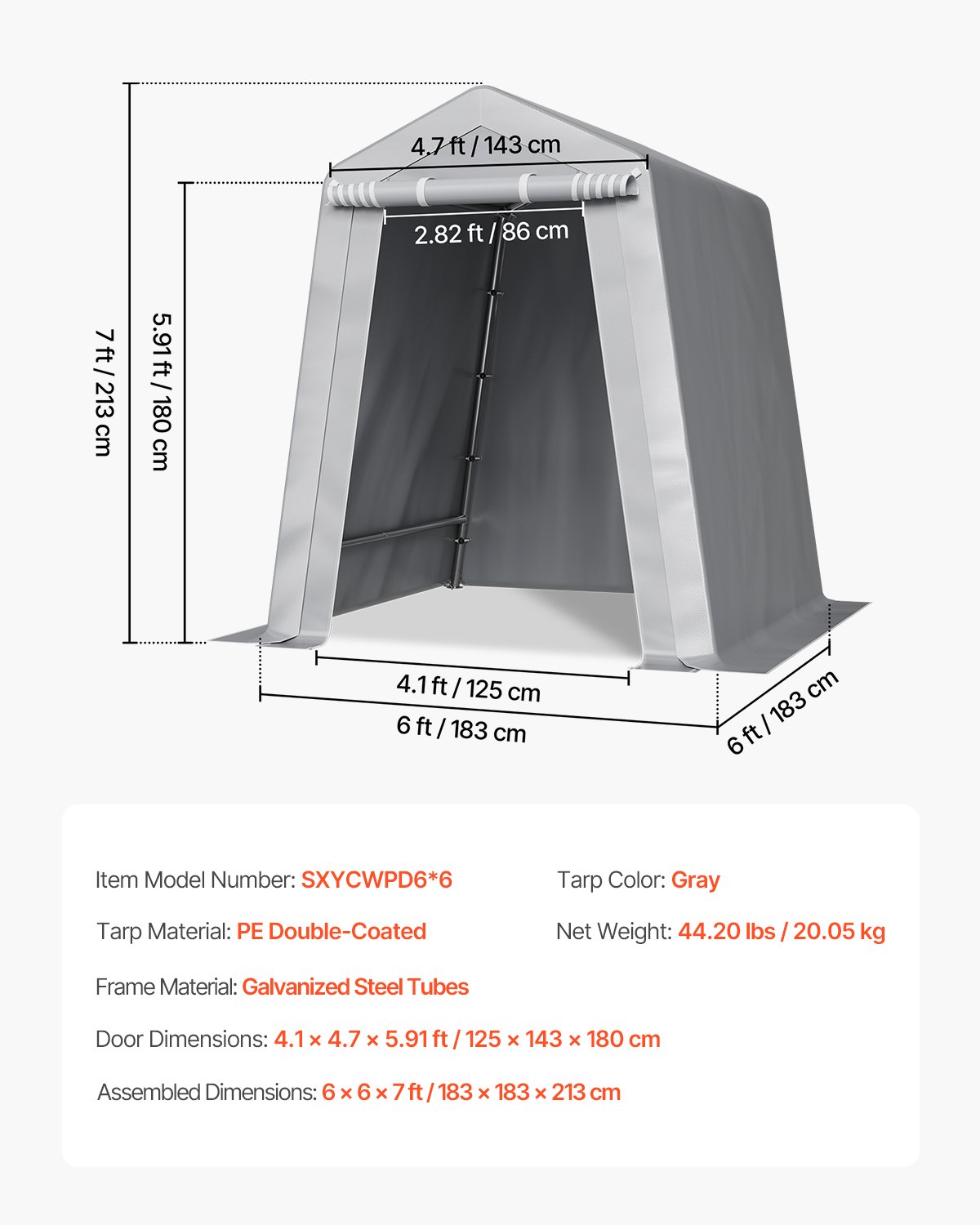 VEVOR Garden Shed, 183x183x213 cm, Garage Tent made of PE Material, Tool Shed, Bicycle Garage, Garden Shed, Carport, Bicycle Shed, Storage Garage for Motorcycle, Lawn Mower, Bicycle, Gray
