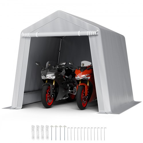 VEVOR Cobertizo de Almacenamiento para Exteriores Carpa Portátil 245x245x227 cm con Puerta Enrollable Estructura Resistente, Garaje para Motocicleta, Cortacésped, Bicicleta, Herramientas, Gris