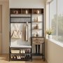 VEVOR Hall Tree, 1800 mm Coat Rack with Shoe Bench & 2 Drawers, 3-in-1 Freestanding Shoe Rack Storage Organizer with Bookshelf & Wire Shelf, Steel Frame Entrance Coat Holder for Entry, Bedroom, Closet