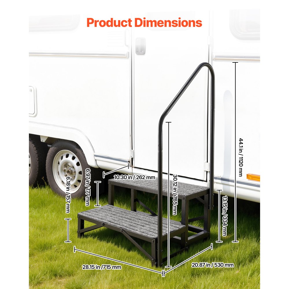 VEVOR Escalera para Autocaravana de 2 Peldaños, Escalera con Pasamanos Carga de 299,38 kg, con Alfombrilla Antideslizante, para Personas Mayores y Mascotas, Portátil para Jacuzzi, Caravana, Porche