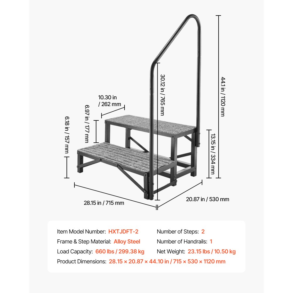 VEVOR Escalera para Autocaravana de 2 Peldaños, Escalera con Pasamanos Carga de 299,38 kg, con Alfombrilla Antideslizante, para Personas Mayores y Mascotas, Portátil para Jacuzzi, Caravana, Porche