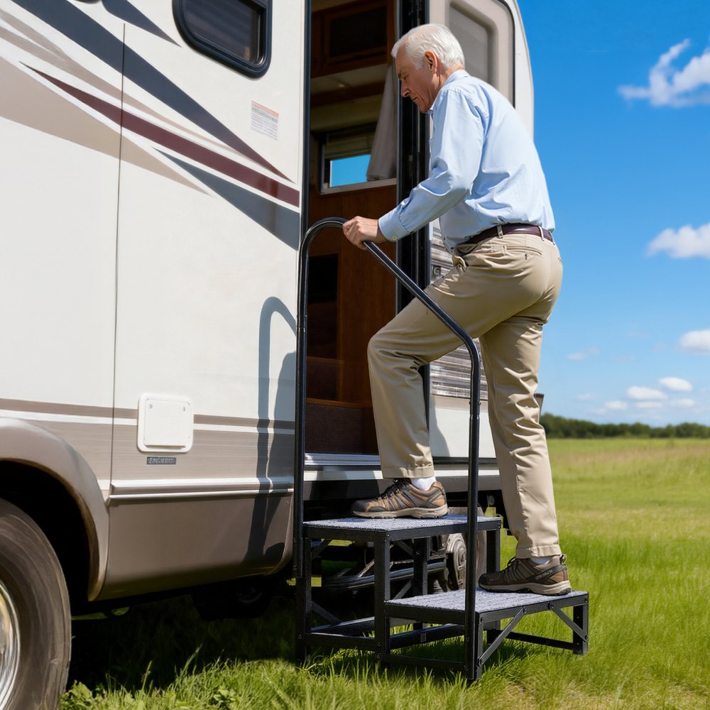 VEVOR Escalera para Autocaravana de 2 Peldaños, Escalera con Pasamanos Carga de 299,38 kg, con Alfombrilla Antideslizante, para Personas Mayores y Mascotas, Portátil para Jacuzzi, Caravana, Porche