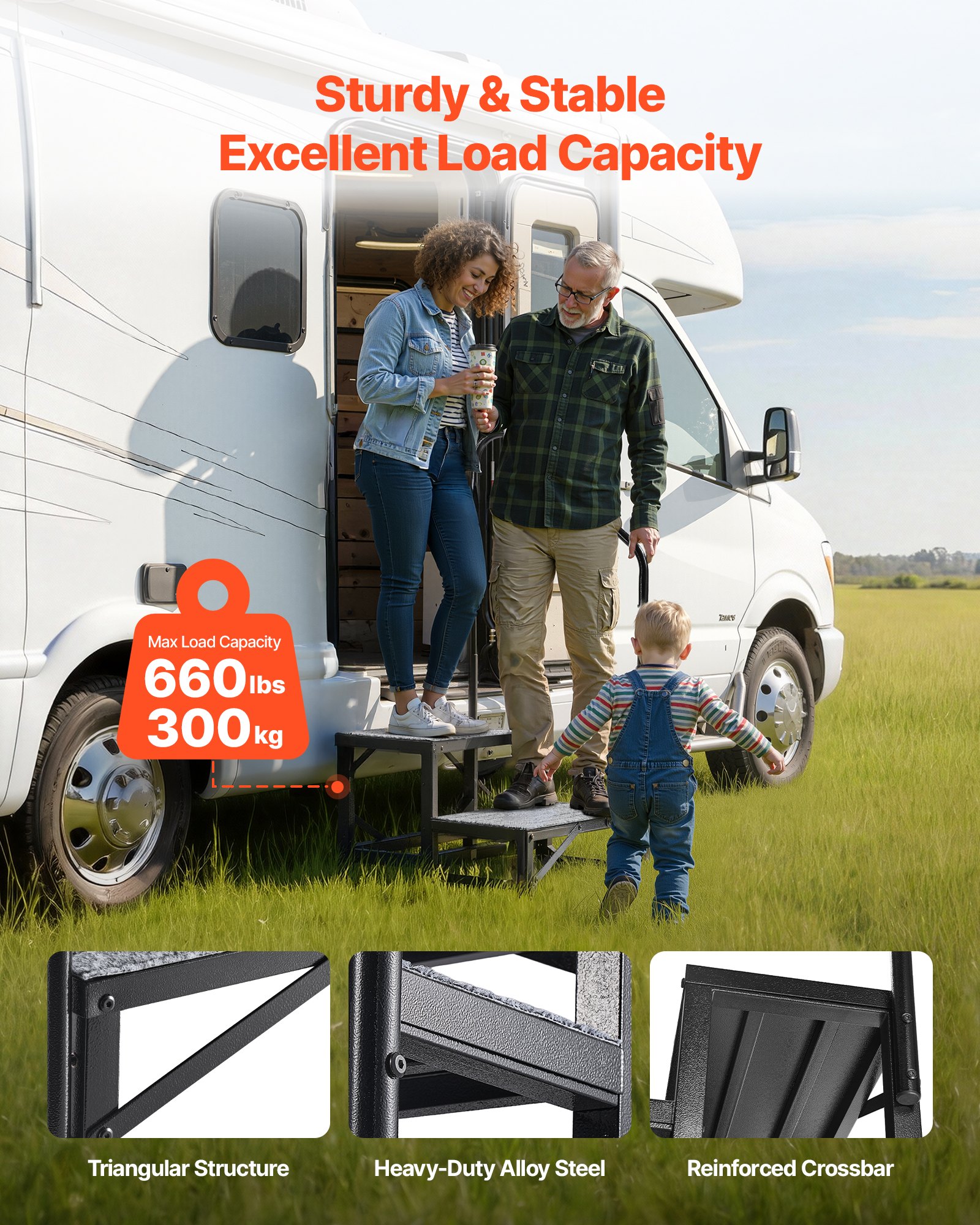 VEVOR Escalera para Autocaravana de 2 Peldaños, Escalera con Pasamanos Carga de 299,38 kg, con Alfombrilla Antideslizante, para Personas Mayores y Mascotas, Portátil para Jacuzzi, Caravana, Porche