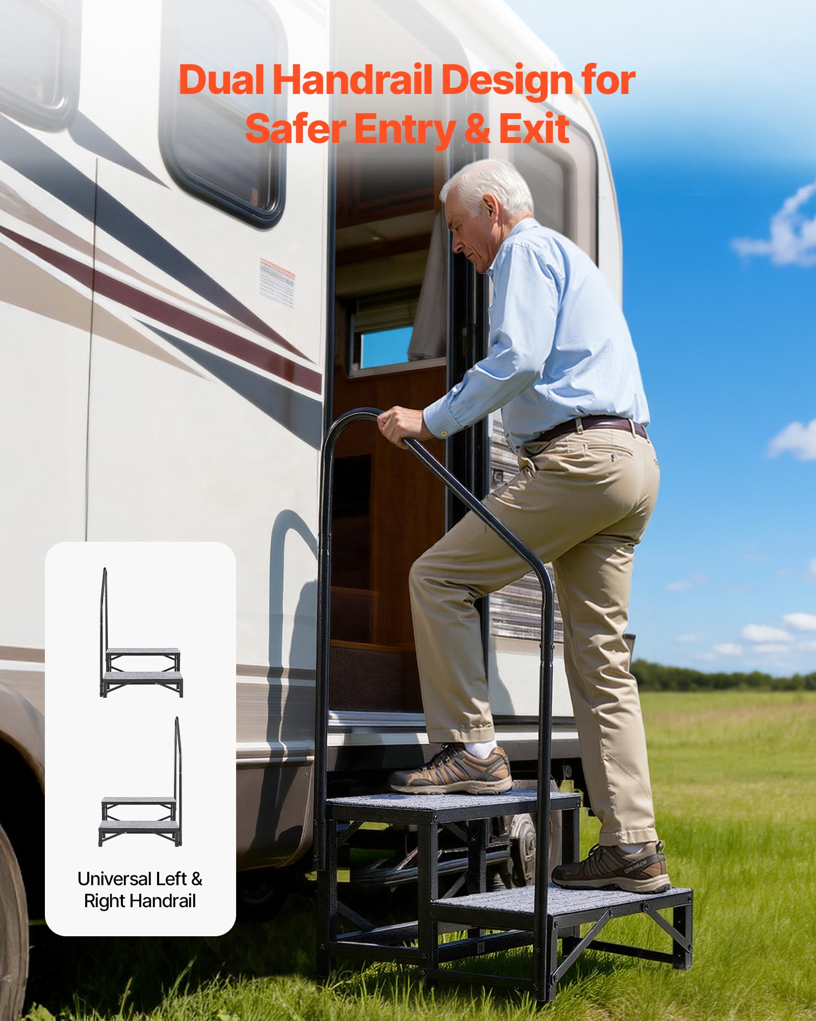 VEVOR Escalera para Autocaravana de 2 Peldaños, Escalera con Pasamanos Carga de 299,38 kg, con Alfombrilla Antideslizante, para Personas Mayores y Mascotas, Portátil para Jacuzzi, Caravana, Porche