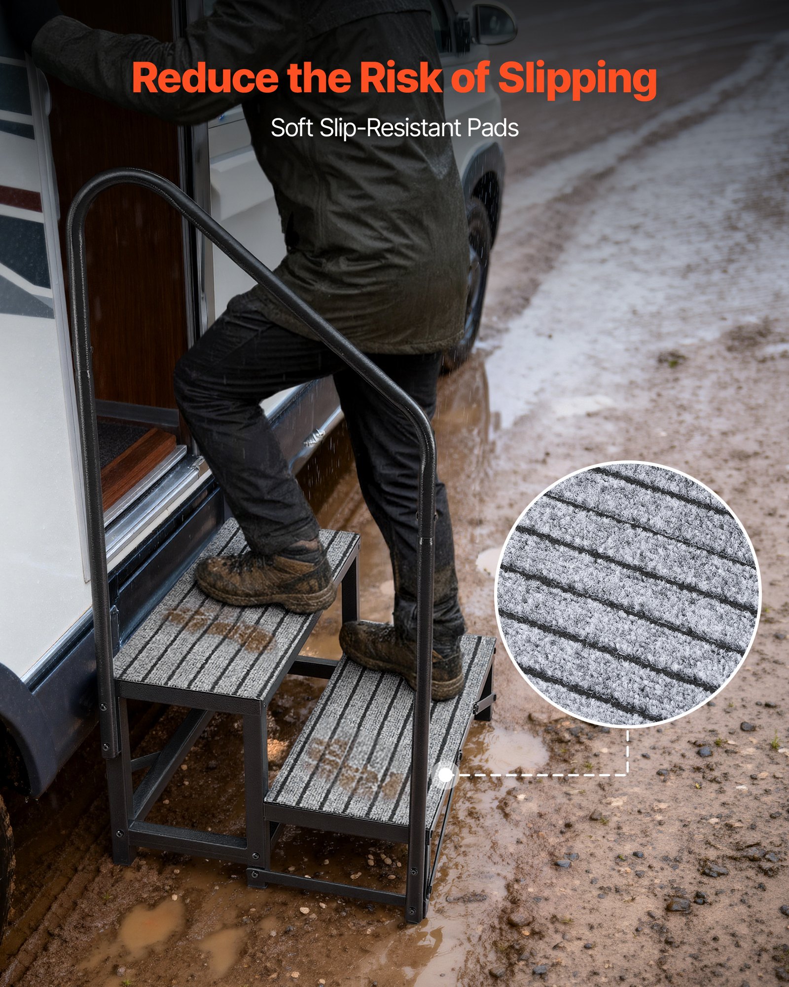 VEVOR Escalera para Autocaravana de 2 Peldaños, Escalera con Pasamanos Carga de 299,38 kg, con Alfombrilla Antideslizante, para Personas Mayores y Mascotas, Portátil para Jacuzzi, Caravana, Porche