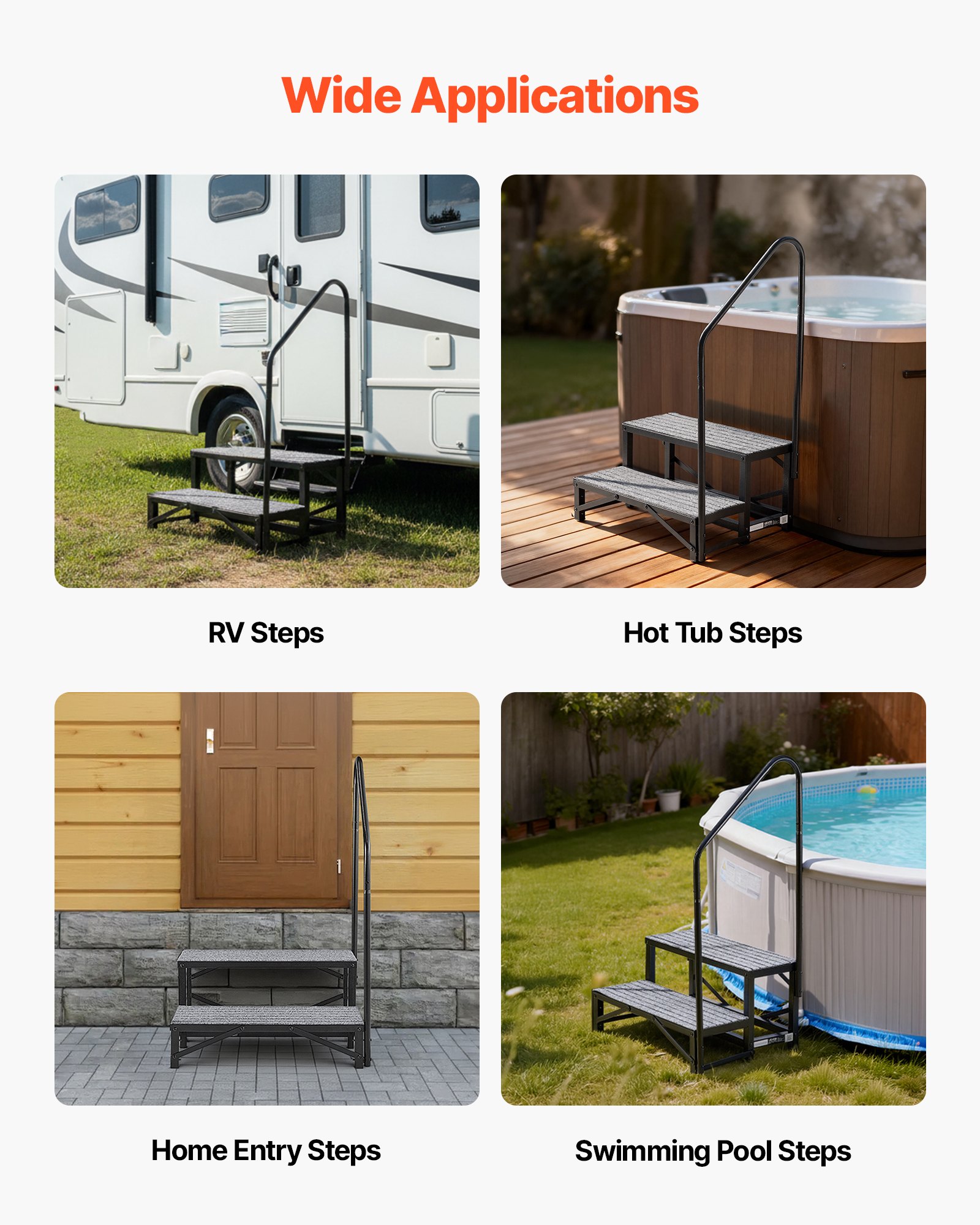 VEVOR Escalera para Autocaravana de 2 Peldaños, Escalera con Pasamanos Carga de 299,38 kg, con Alfombrilla Antideslizante, para Personas Mayores y Mascotas, Portátil para Jacuzzi, Caravana, Porche