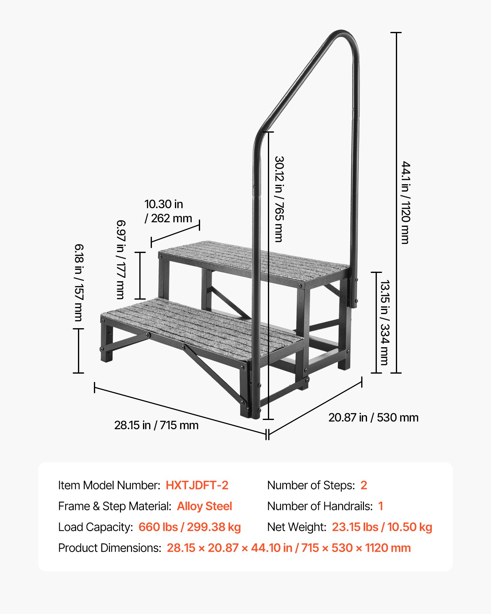 VEVOR Escalera para Autocaravana de 2 Peldaños, Escalera con Pasamanos Carga de 299,38 kg, con Alfombrilla Antideslizante, para Personas Mayores y Mascotas, Portátil para Jacuzzi, Caravana, Porche