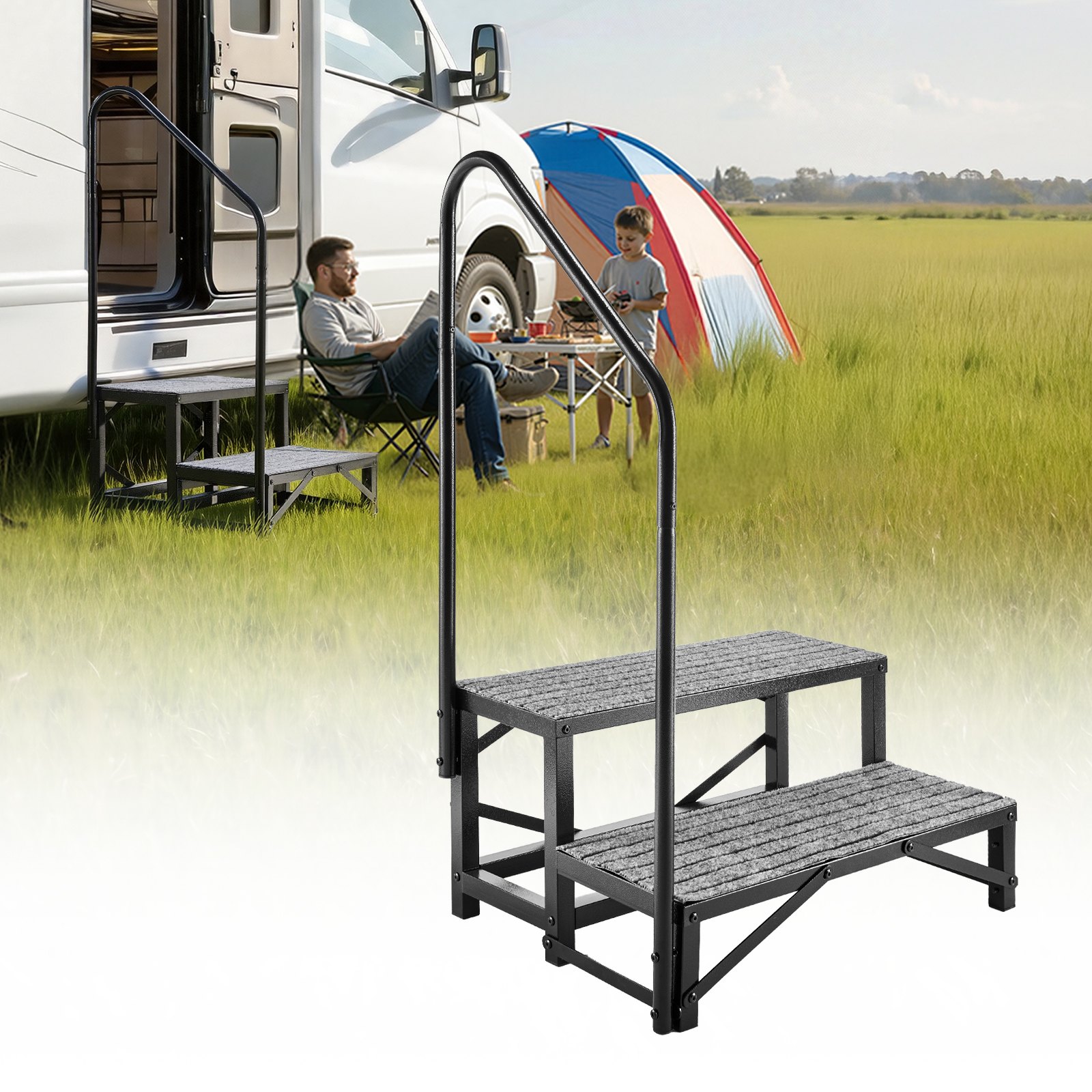 VEVOR Escalera para Autocaravana de 2 Peldaños, Escalera con Pasamanos Carga de 299,38 kg, con Alfombrilla Antideslizante, para Personas Mayores y Mascotas, Portátil para Jacuzzi, Caravana, Porche