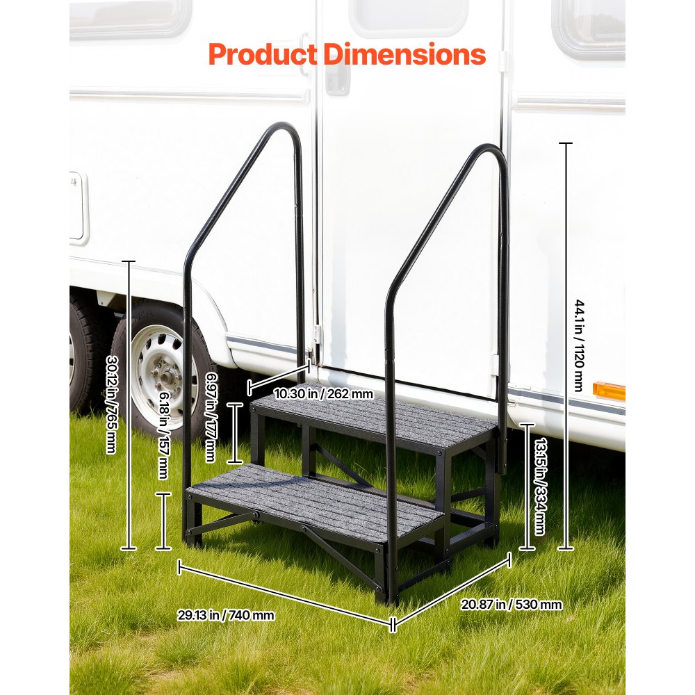 VEVOR Escalera para Autocaravana de 2 Peldaños Carga de 299,38 kg, Escalera con Pasamanos Doble con Alfombrilla Antideslizante, para Personas Mayores y Mascotas, Portátil para Jacuzzi, Caravana