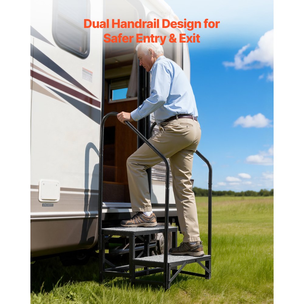 VEVOR Escalera para Autocaravana de 2 Peldaños Carga de 299,38 kg, Escalera con Pasamanos Doble con Alfombrilla Antideslizante, para Personas Mayores y Mascotas, Portátil para Jacuzzi, Caravana