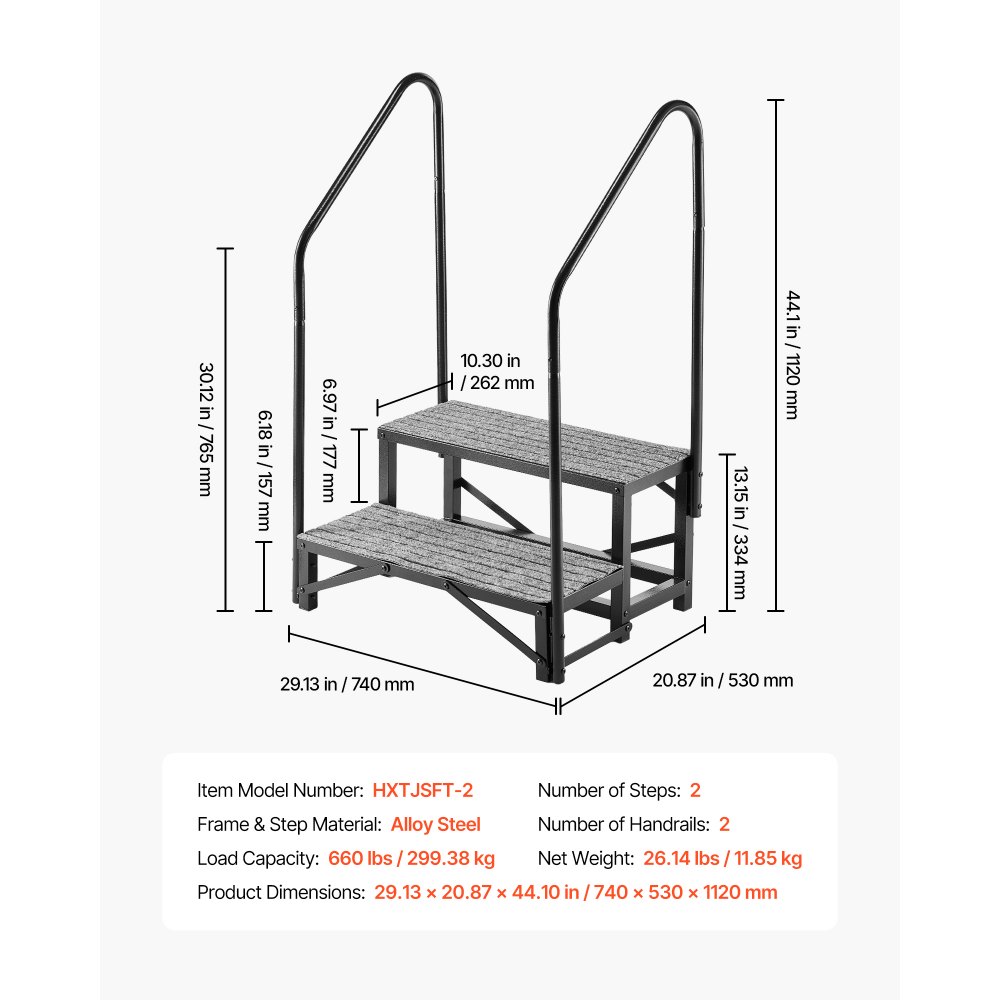 VEVOR Escalera para Autocaravana de 2 Peldaños Carga de 299,38 kg, Escalera con Pasamanos Doble con Alfombrilla Antideslizante, para Personas Mayores y Mascotas, Portátil para Jacuzzi, Caravana