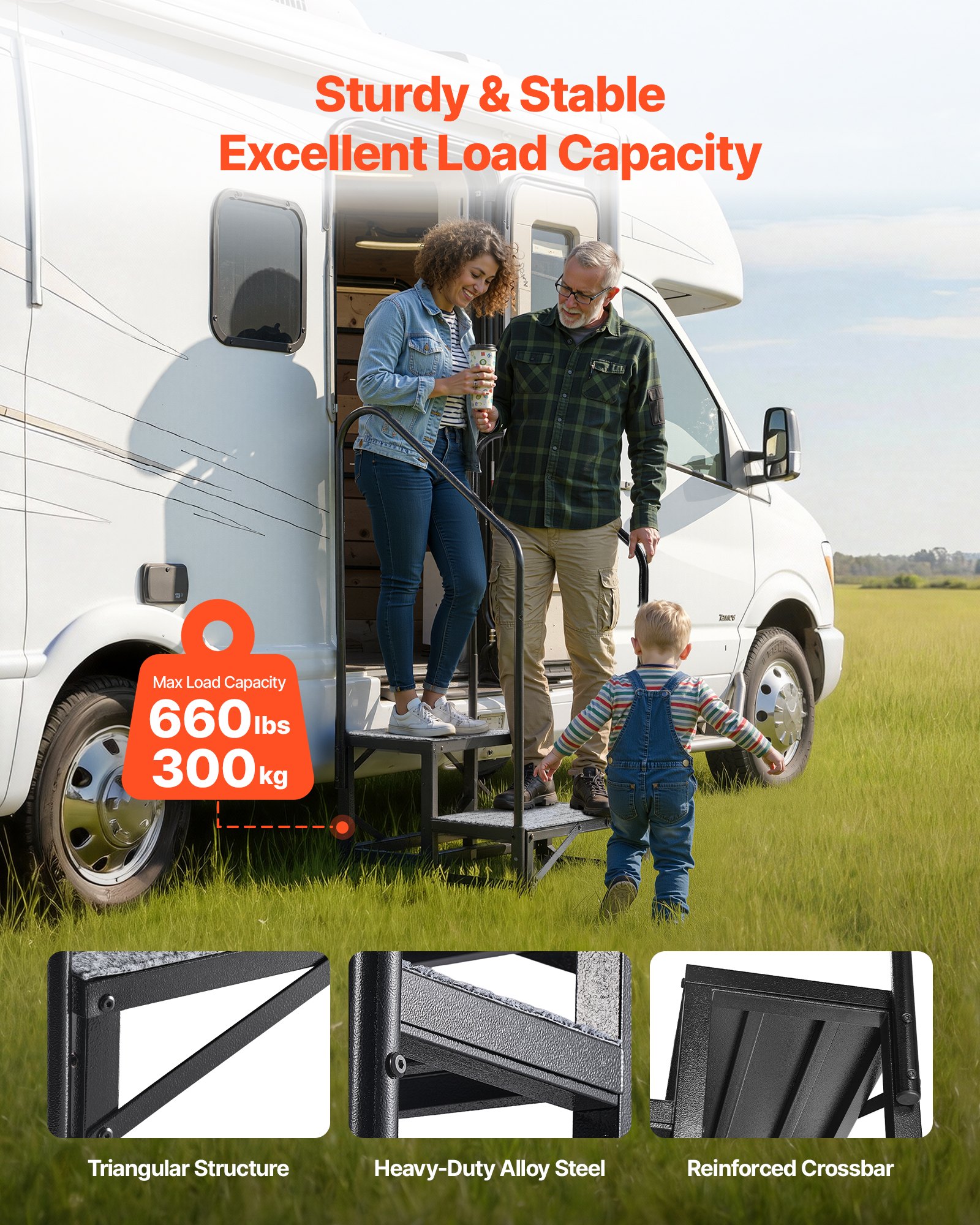 VEVOR Escalera para Autocaravana de 2 Peldaños Carga de 299,38 kg, Escalera con Pasamanos Doble con Alfombrilla Antideslizante, para Personas Mayores y Mascotas, Portátil para Jacuzzi, Caravana
