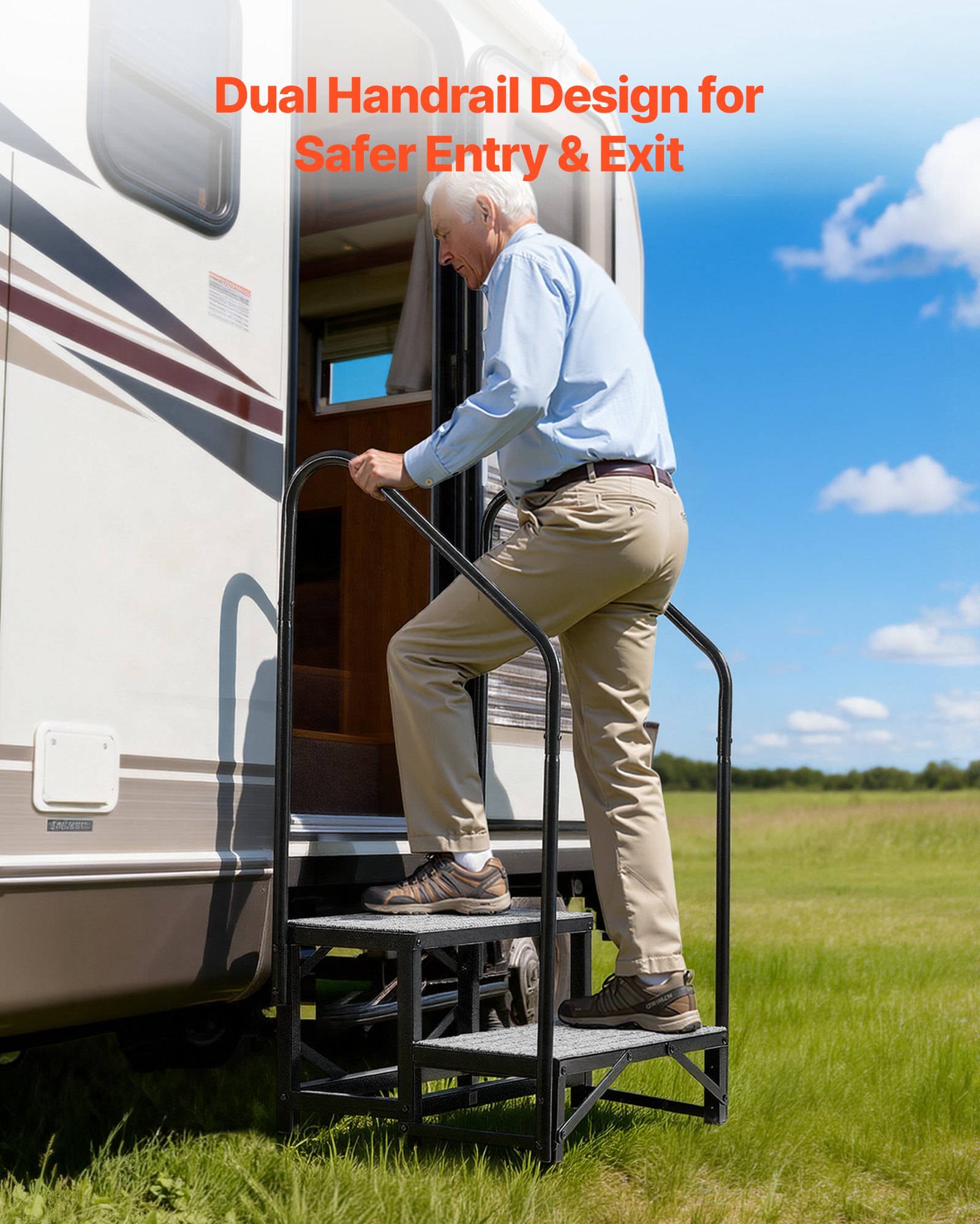 VEVOR Escalera para Autocaravana de 2 Peldaños Carga de 299,38 kg, Escalera con Pasamanos Doble con Alfombrilla Antideslizante, para Personas Mayores y Mascotas, Portátil para Jacuzzi, Caravana