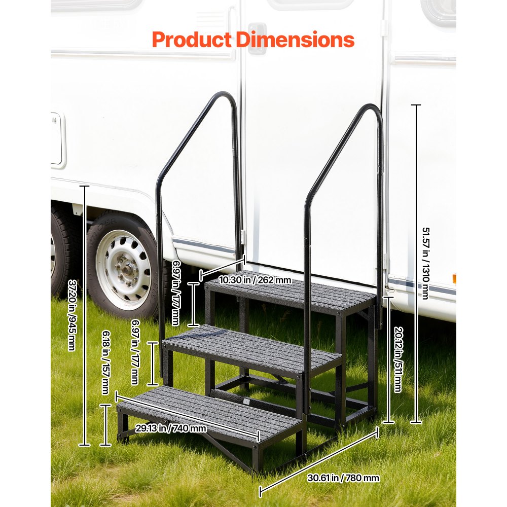 VEVOR Escalera para Autocaravana de 3 Peldaños Carga de 299,38 kg, Escalera con Pasamanos Doble con Alfombrilla Antideslizante, para Personas Mayores y Mascotas, Portátil para Jacuzzi, Caravana