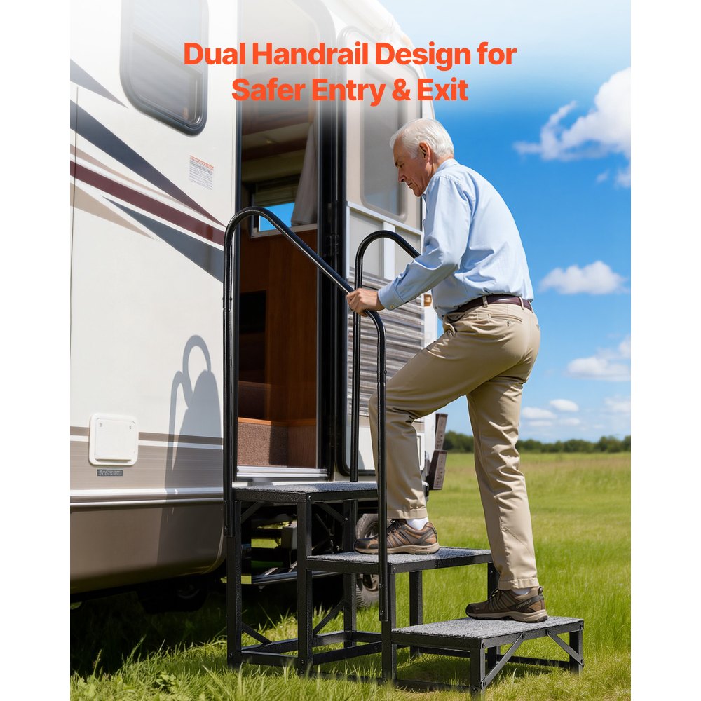 VEVOR Escalera para Autocaravana de 3 Peldaños Carga de 299,38 kg, Escalera con Pasamanos Doble con Alfombrilla Antideslizante, para Personas Mayores y Mascotas, Portátil para Jacuzzi, Caravana