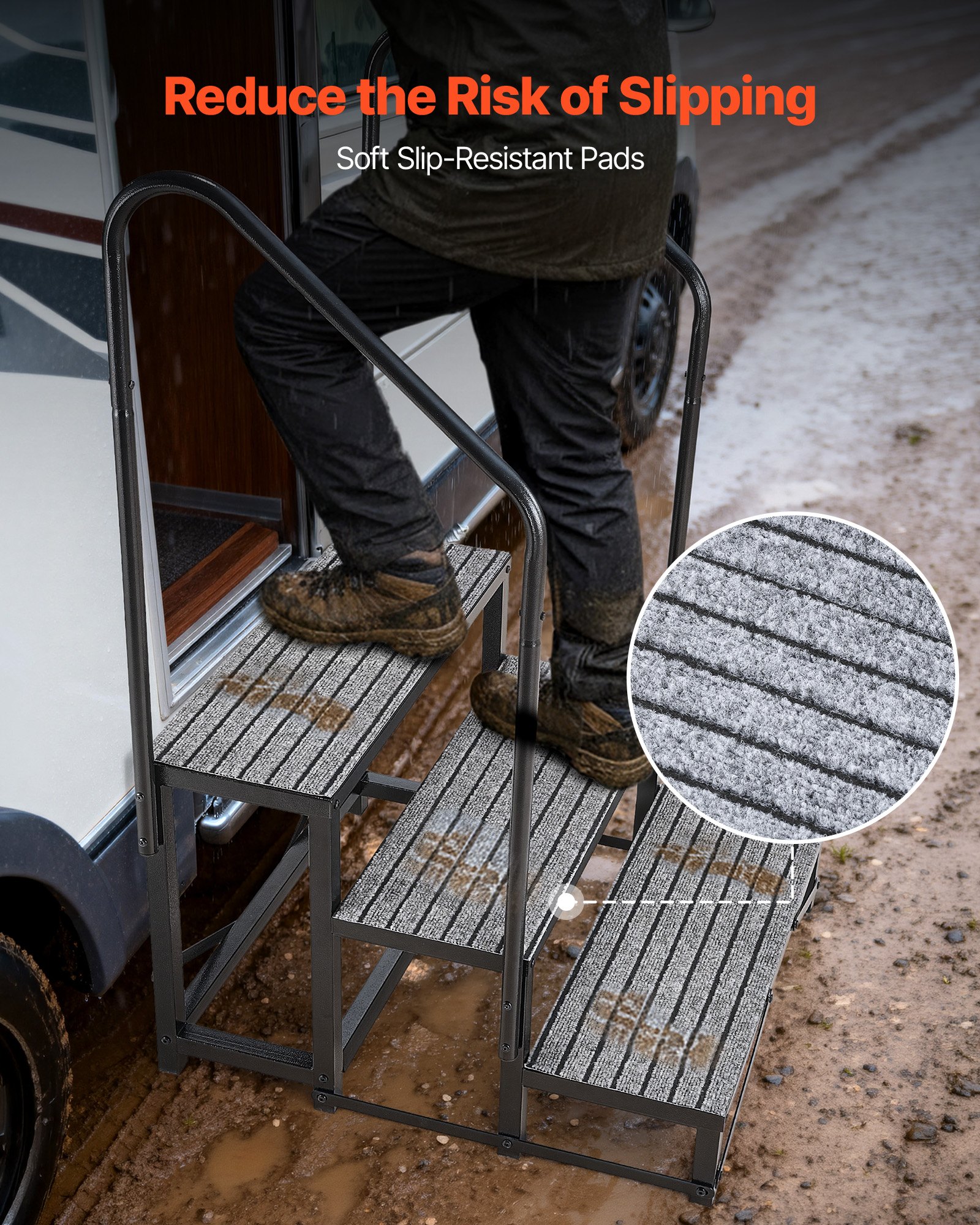 VEVOR Escalera para Autocaravana de 3 Peldaños Carga de 299,38 kg, Escalera con Pasamanos Doble con Alfombrilla Antideslizante, para Personas Mayores y Mascotas, Portátil para Jacuzzi, Caravana