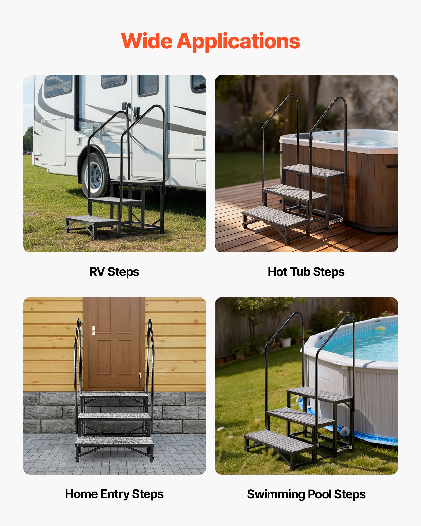 VEVOR Escalera para Autocaravana de 3 Peldaños Carga de 299,38 kg, Escalera con Pasamanos Doble con Alfombrilla Antideslizante, para Personas Mayores y Mascotas, Portátil para Jacuzzi, Caravana